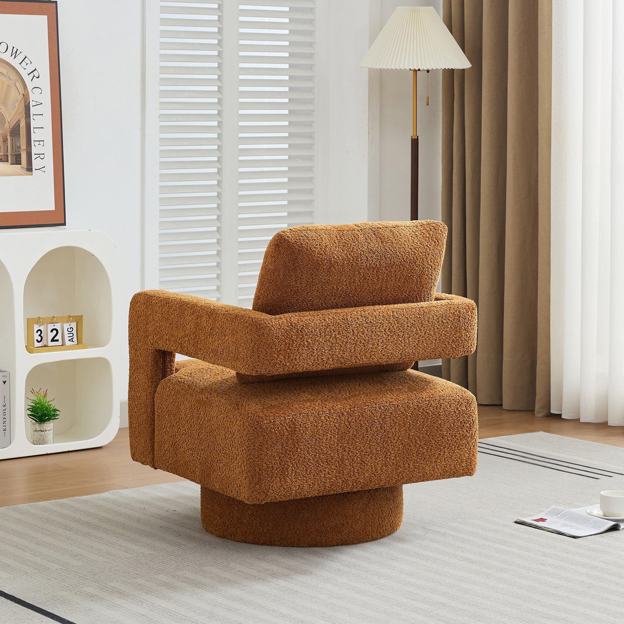 29.13" W Square Swivel Accent Chair, Modern Rotating Arm Chair with Open Back,360 Degree Rotation, Lounge Club Chair with Removable Back Cushion for Living Room, Hotel, Bed Room,Caramel