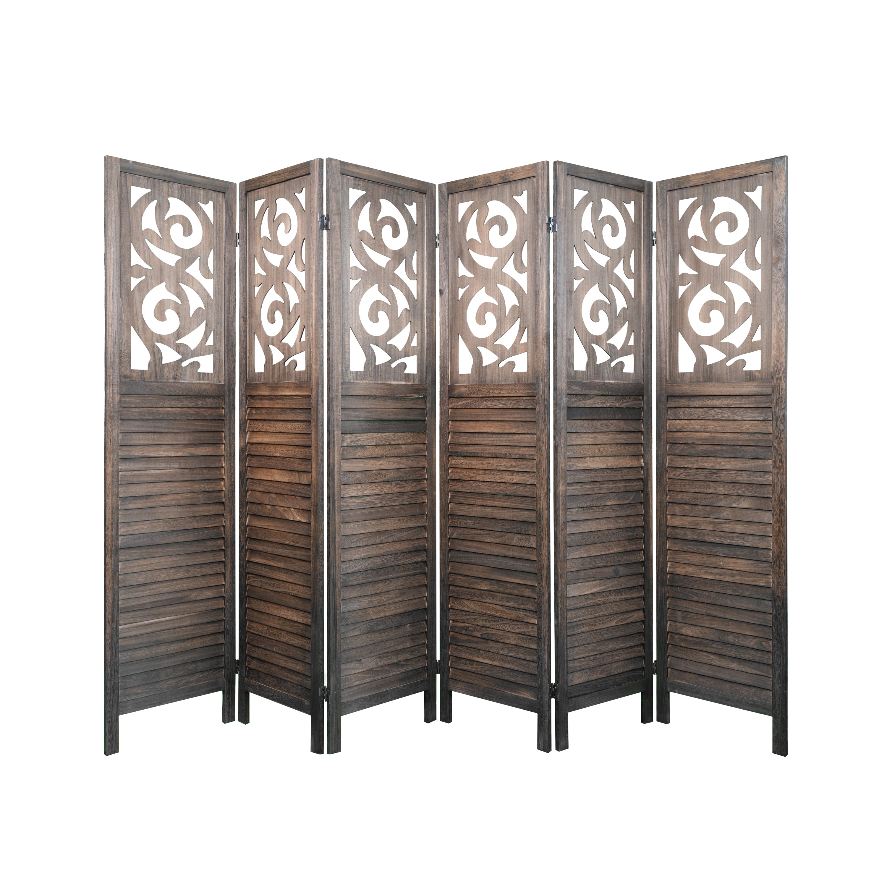 6 Panel Room Dividers – 6FT Carved Wood Folding Partition Wall Divider, Rustic Brown Wooden Carved Privacy Screen for Office, Restaurant, and Home Use