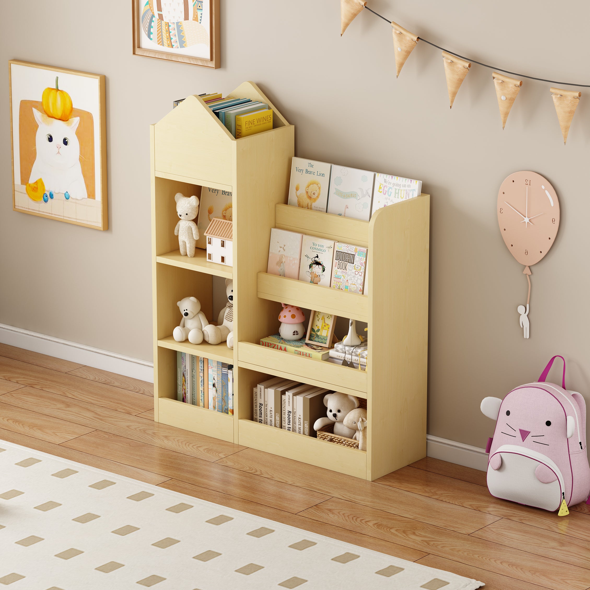 Wooden Kids Bookshelf & Toy Storage Organizer – 6-Compartment Kid’s Bin Storage Unit with 2 Basket Bins, Multi-Shelf Cubby for Books & Toys

