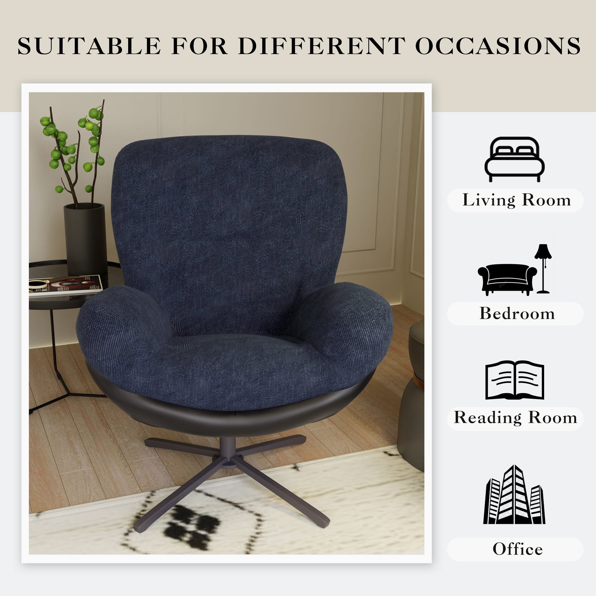 360° Swivel Office Chair, Modern Chenille Chair with Faux Leather and Black Metal Base Frame, No Wheels, Accent Chair for Small Spaces, Living Room, Bedroom, Reading Corner, Office, Dark Blue