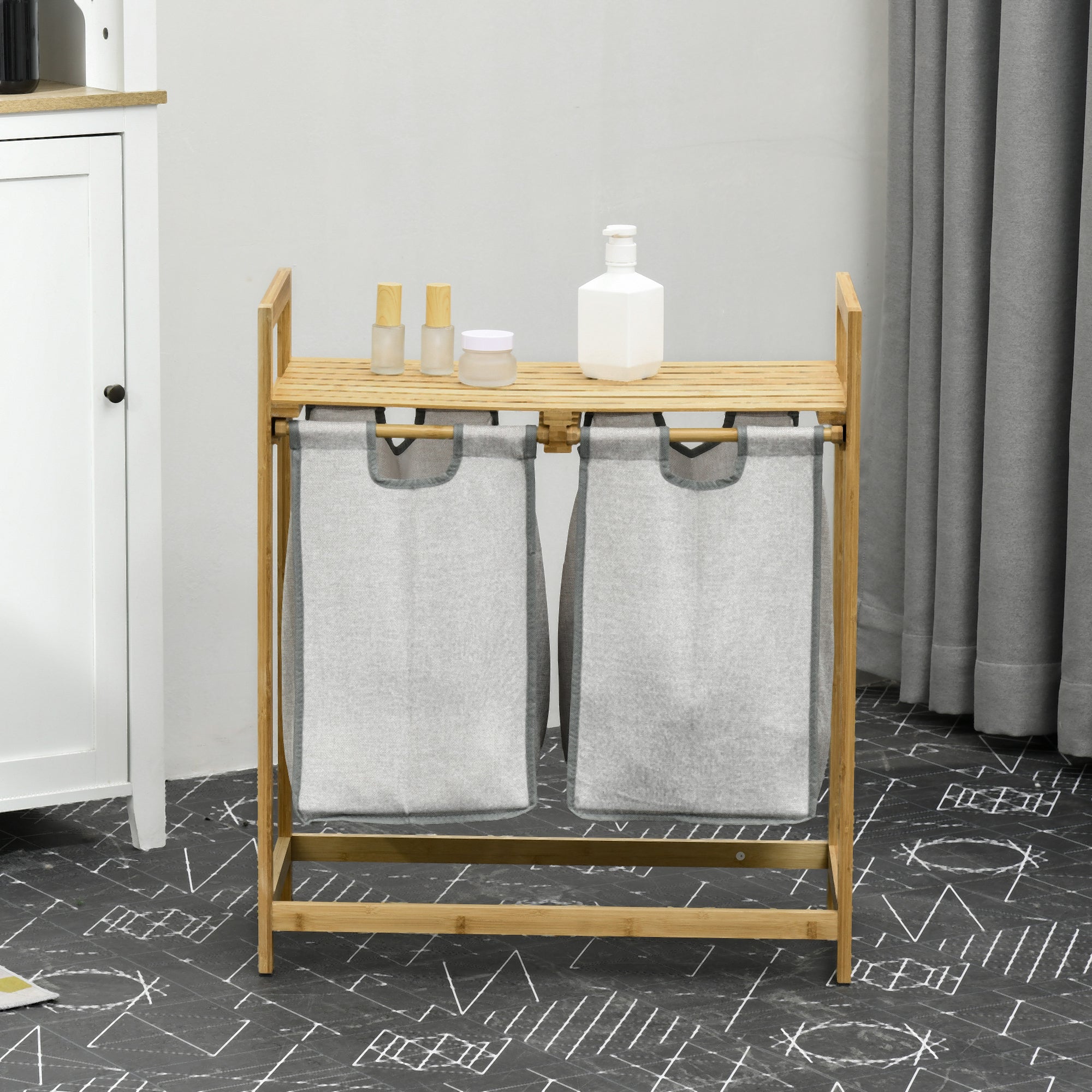 HOMCOM Double Laundry Hamper with 2 Removable Bags, Bamboo Laundry Basket with Storage Shelf, 2 x 10.7 Gallons, Natural Wood & Dark Gray – For Bedroom, Bathroom, Laundry Room