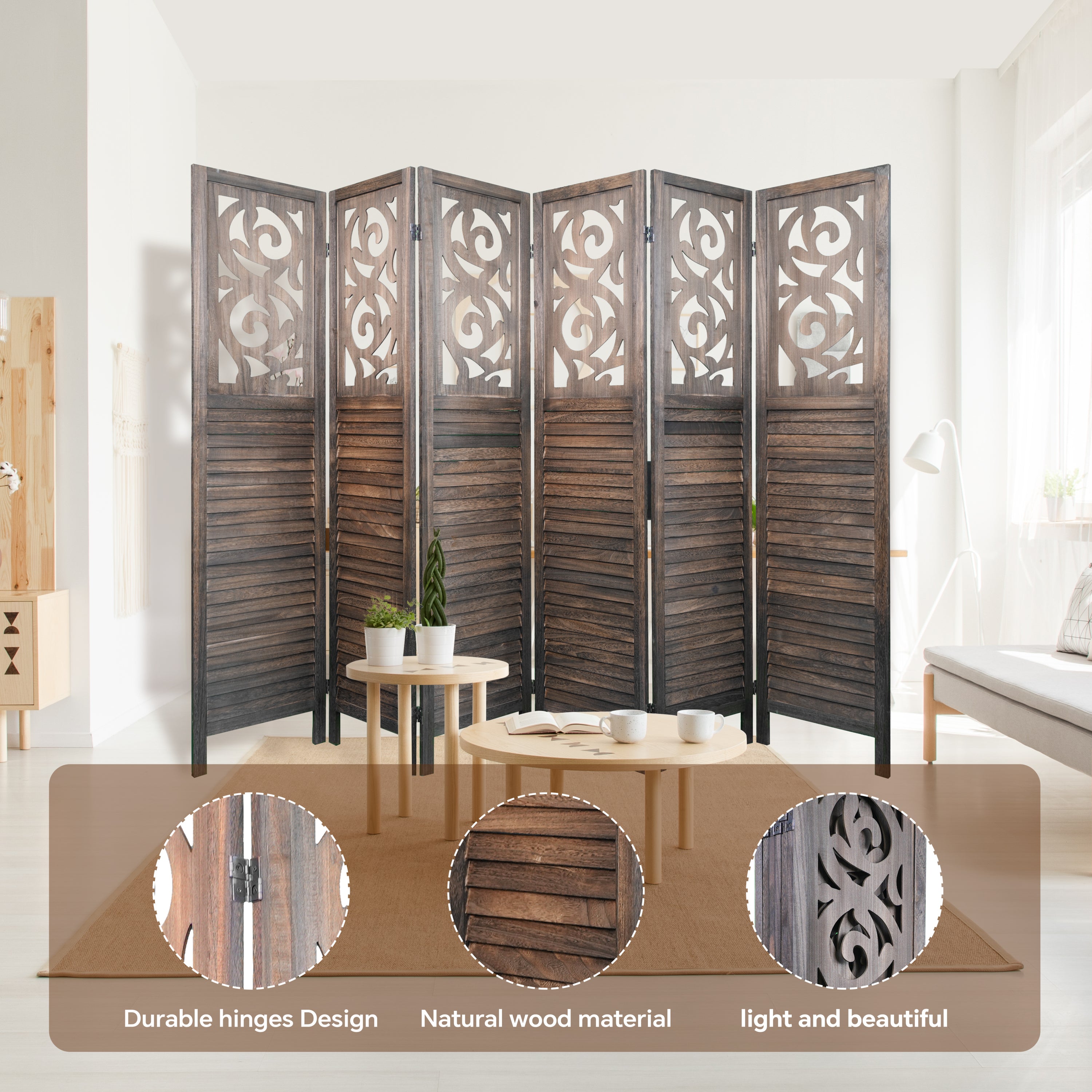 6 Panel Room Dividers – 6FT Carved Wood Folding Partition Wall Divider, Rustic Brown Wooden Carved Privacy Screen for Office, Restaurant, and Home Use