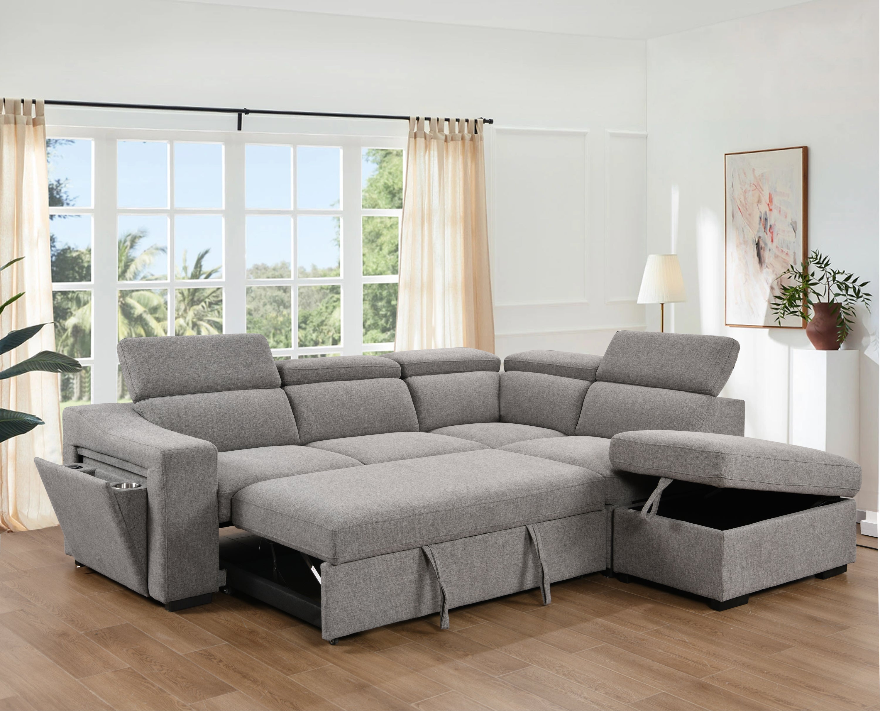 105"L-Shape Sectional Sofa with Pull-Out Bed and Ottoman Storage Space, Convertible Sleeper Couch, Arm with 1 Cup Holders and Wirelessly Charged, for Living Room, Apartment, Light Gray