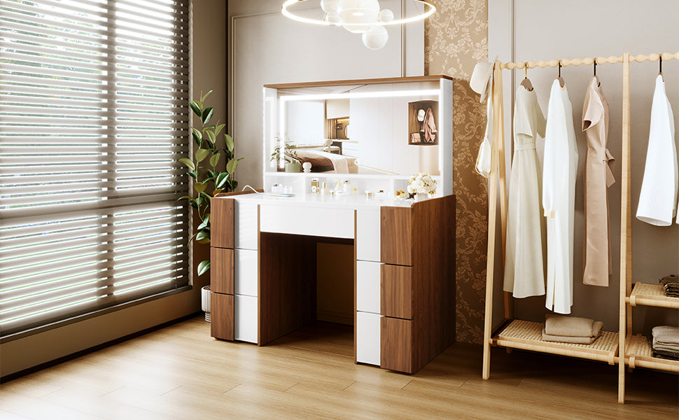 4.4" Elegant Vanity Table with Lighted Mirror & Power Outlet – Makeup Dressing Table with 7 Drawers, Storage Shelves, and Brown Solid Wood-Style Finish