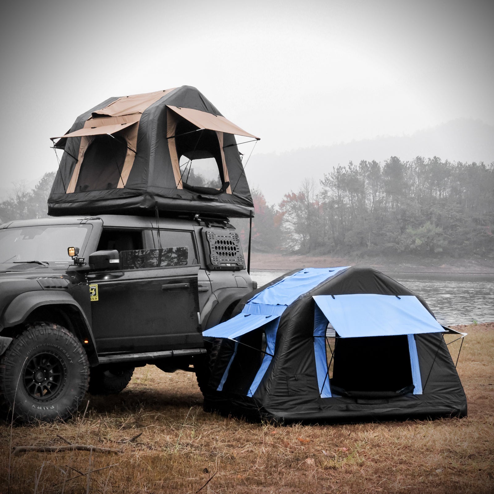 Foldable Amphibious Inflatable Roof Top Tent for 2-3 People – Two-Tone Khaki & Black, SUV & Truck Camping Tent (No Ladder)