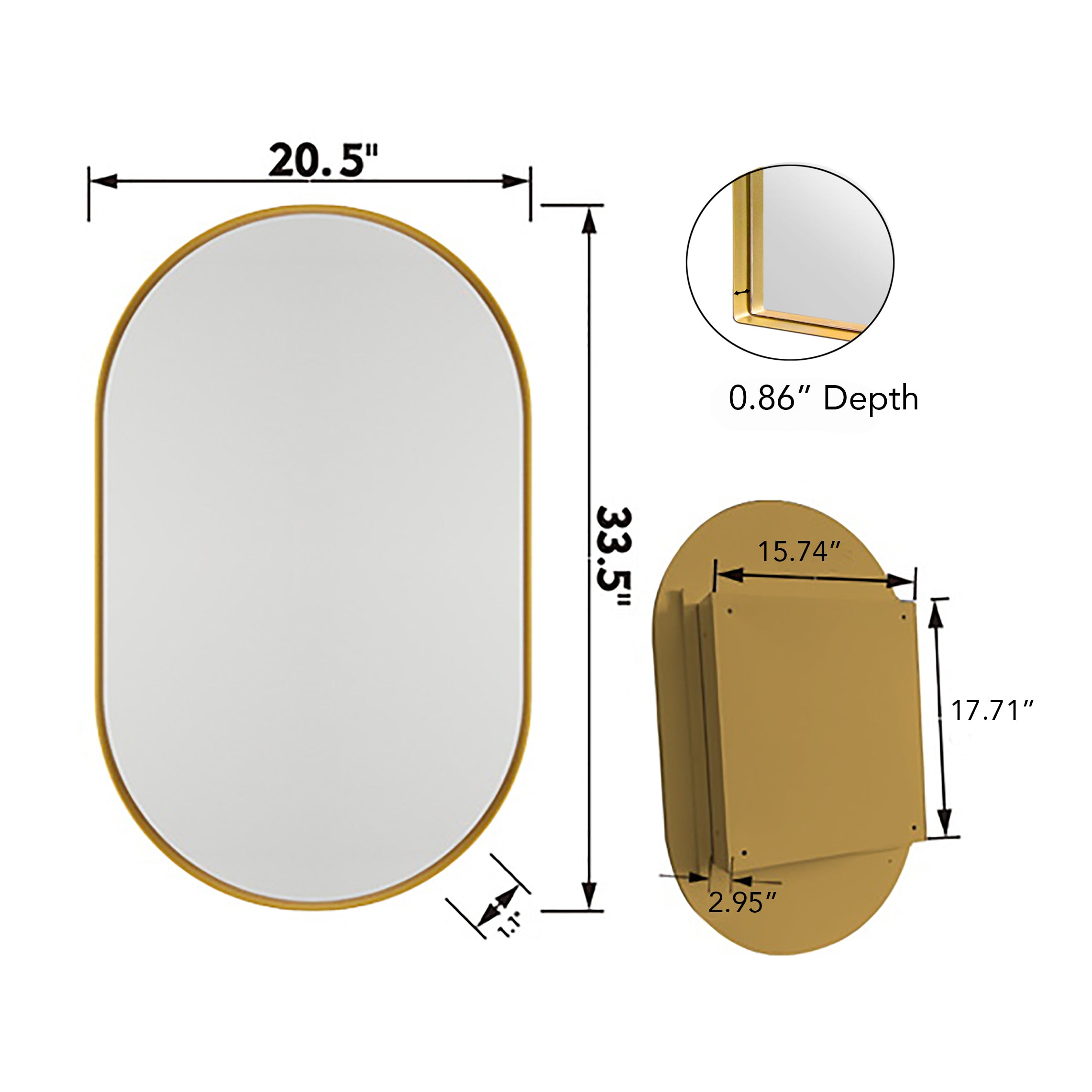 20x34" Oval Recessed Medicine Cabinet, Metal Framed Bathroom Wall Cabinet with Mirror, Adjustable Shelves, Matte Gold Wall Mirror with Storage for Bathroom