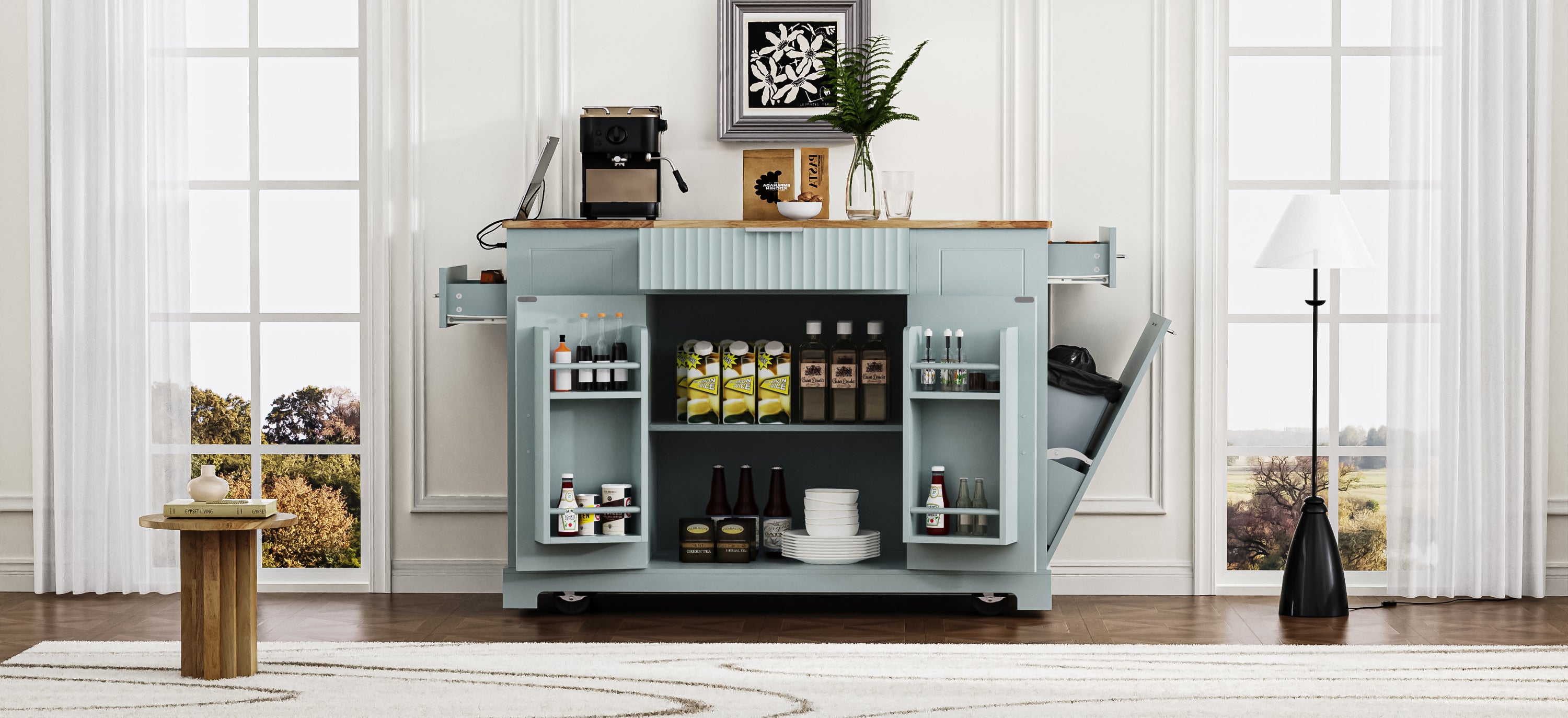 : K&K Fluted Kitchen Island with Trash Can Storage Cabinet, Power Outlet, Internal Storage Rack, Rolling on 5 Wheels, 3 Drawers, 3 Open Side Racks for 10 Gallon Garbage Bin, Grey Blue