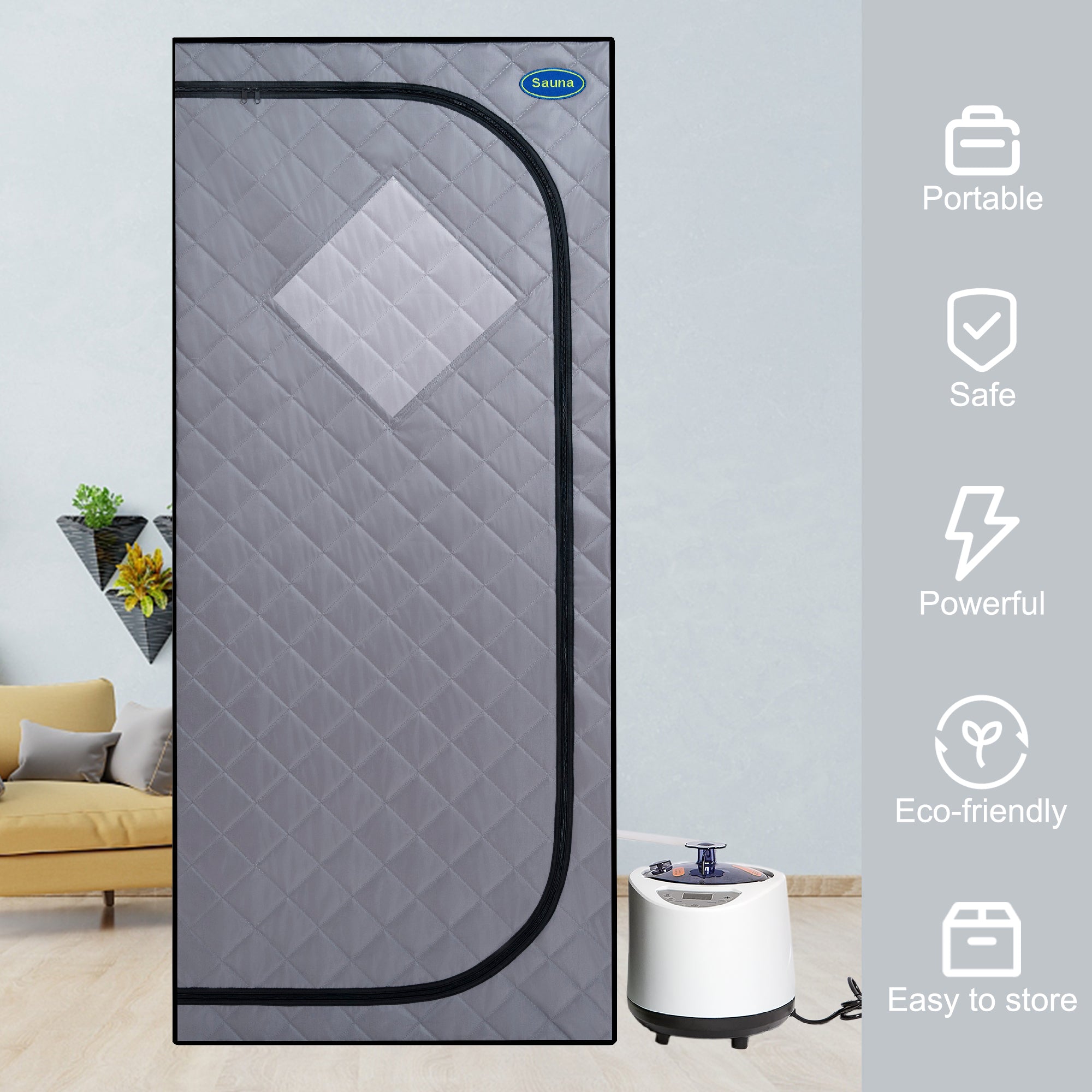 Full Size Portable Grey Steam Sauna Tent – Personal Home Spa with Steam Generator, Remote Control, Foldable Chair, Timer, PVC Pipe Connector, Fast Heating, FCC Certified