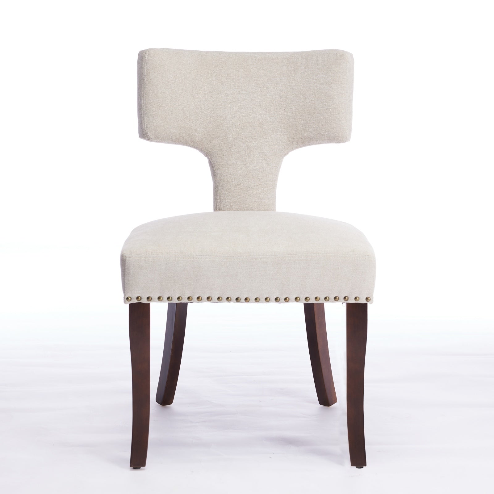 Mid Century Modern Dining Chairs Set of 2, Farmhouse Linen Fabric Upholstered Accent Chair Curved Backrest with Copper Nails around,Kitchen Chairs with Hardwood Frame, Beige