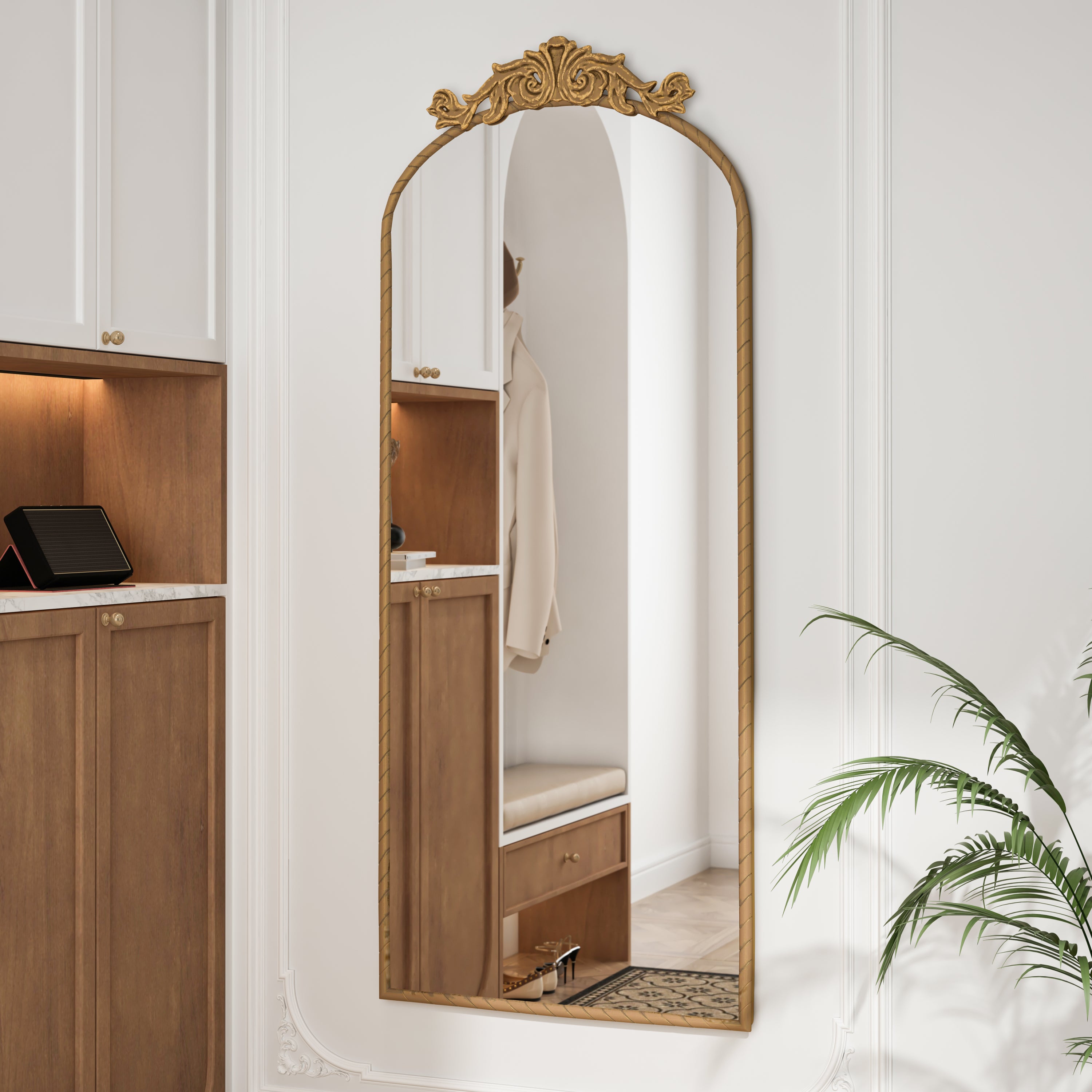 x24" Arched Full Body Mirror with Vintage Ornate Carved Applique, Wall Mounted Hanging Mirror for Living Room, Bedroom, Retro Home Decor, Bronze