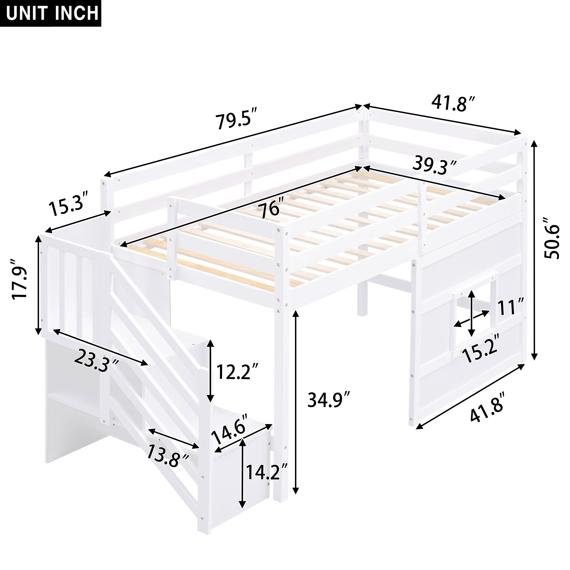 Twin Size Loft Bed with Storage Staircase and Window, With LED Light, White