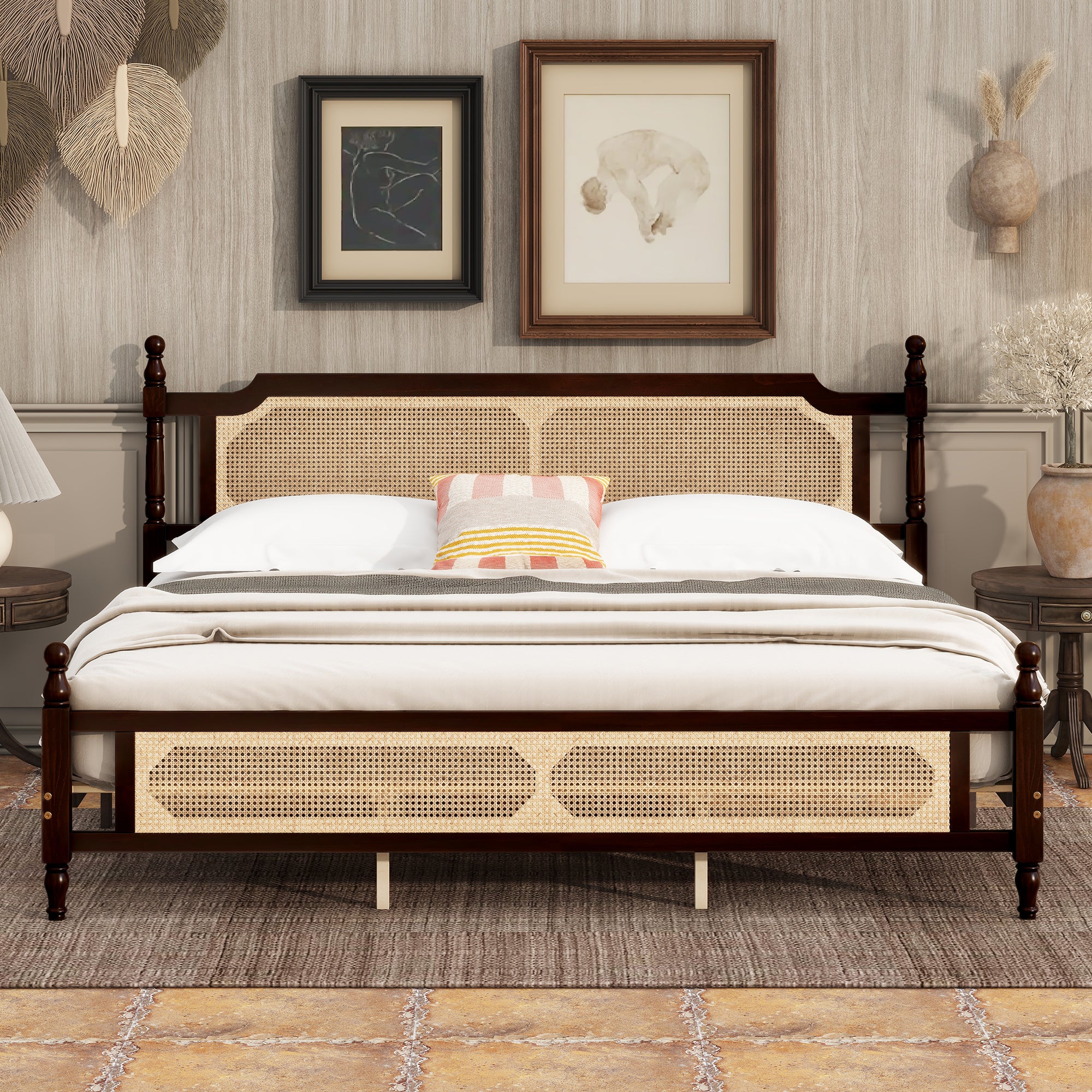 King Pine Wood Bed - Rattan Headboard & Footboard, Espresso Finish