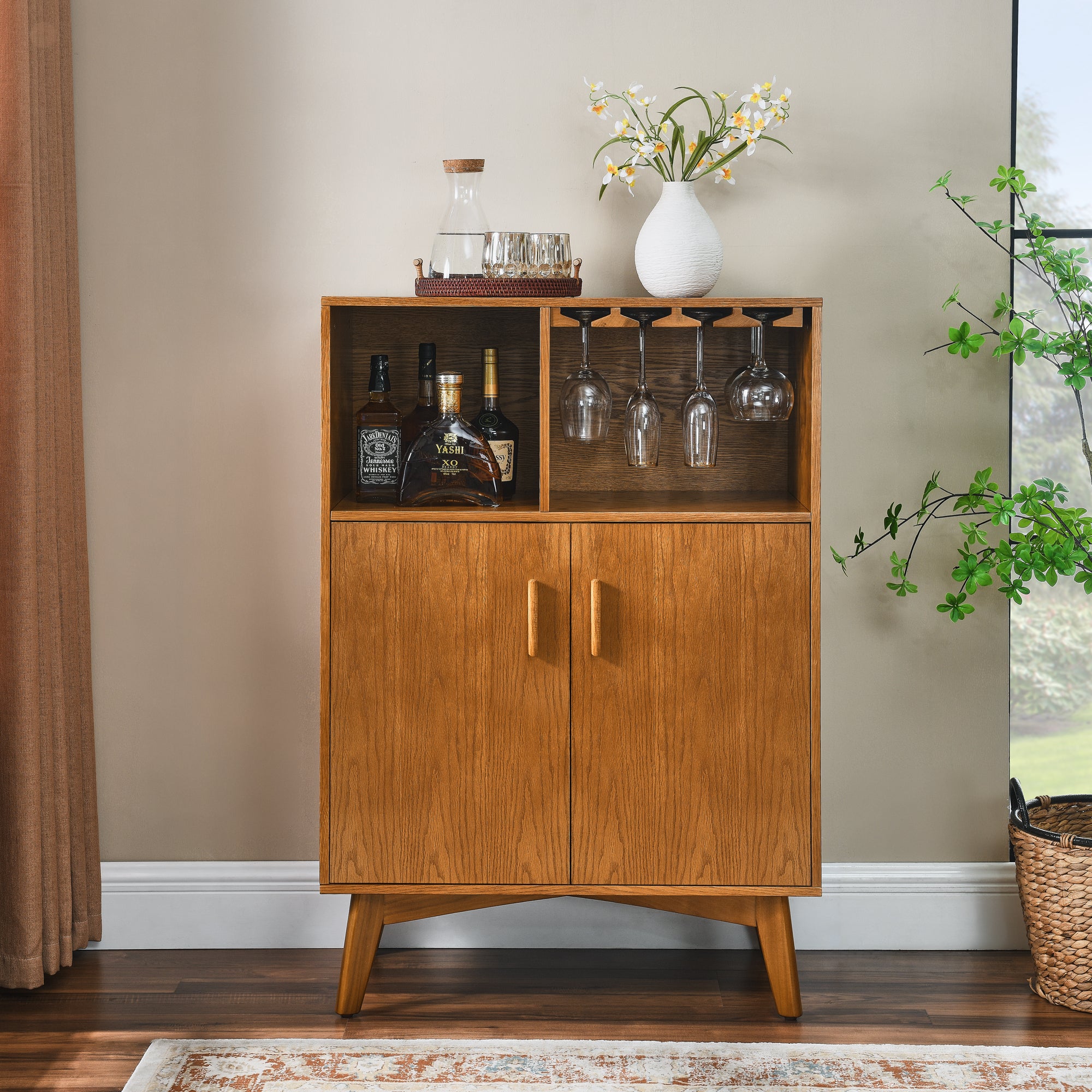 31.5" Liquor Cabinet with Wine Glass Holder & Wine Rack & Adjustable Shelf – Rustic Sideboard Buffet Cabinet, Kitchen Coffee Bar Cabinet, Wine Storage for Home Farmhouse Dining Room
