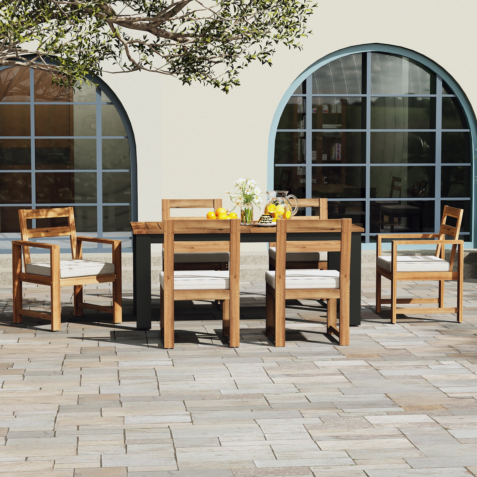 TREXM 7-Piece Patio Dining Set – Wood Outdoor Table with Umbrella Hole, 2 Armchairs & 4 Side Chairs, Garden Furniture (Light Teak + Beige)