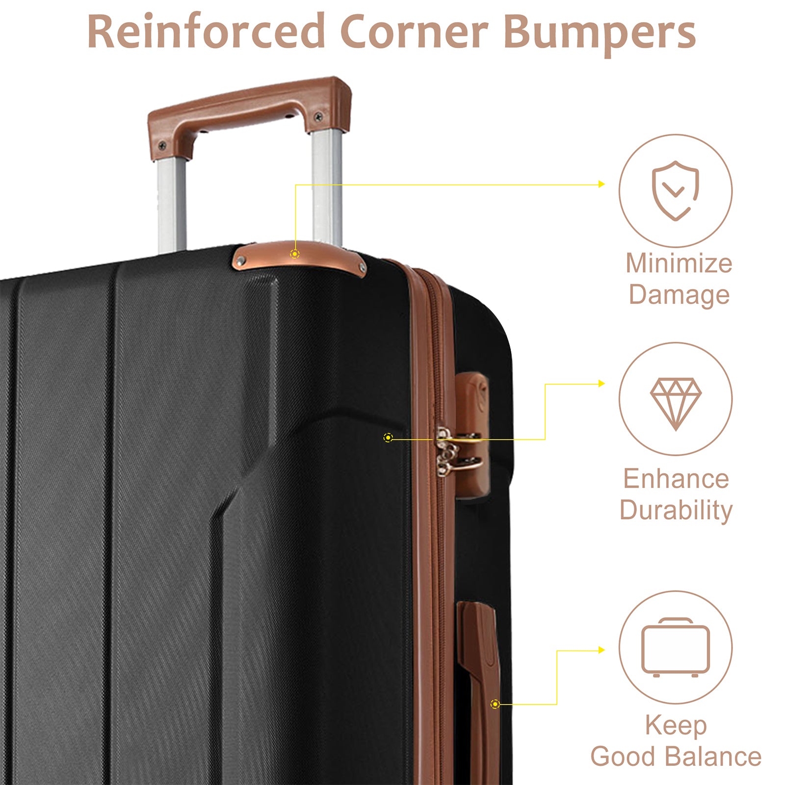Luggage Sets 3 Piece, Hard shell ABS Lightweight Durable Suitcases with Double Spinner Wheels 20/24/28 Inch (Black Brown)