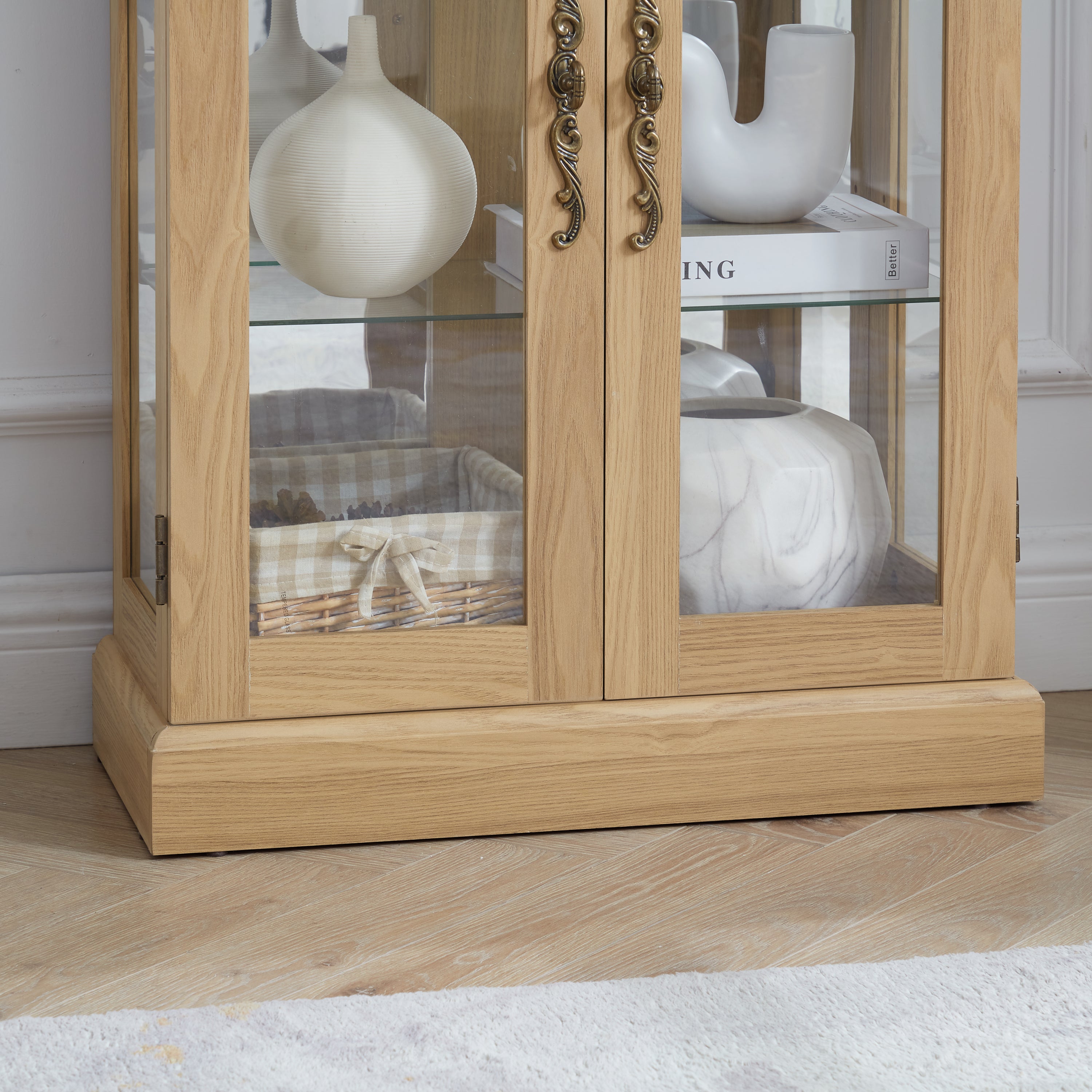 Lighted Glass Curio Display Cabinet,Display Cabinet,Glass Storage Cabinet Glass Wine cabinet Wood Frame Toy Display for Living Room, Kitchen, Pantry light bulb included Light oak