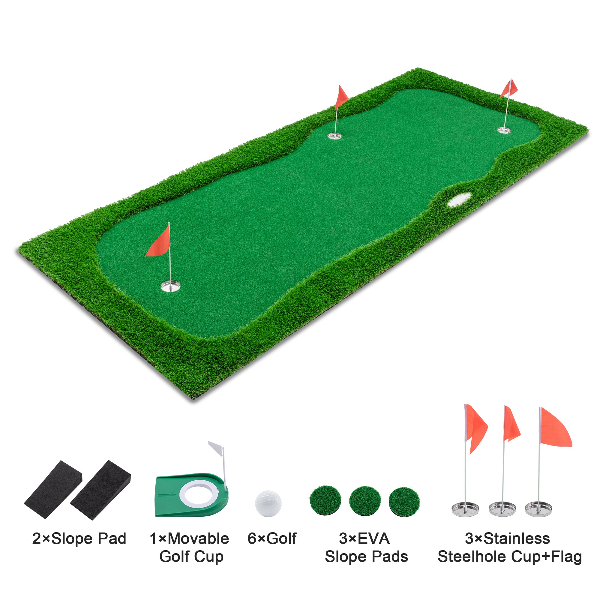 12x5 FT Golf Putting Green, Golf Training Mat with High-quality Turf, 3 Holes, 3 Flags and Cups for Indoor Outdoor