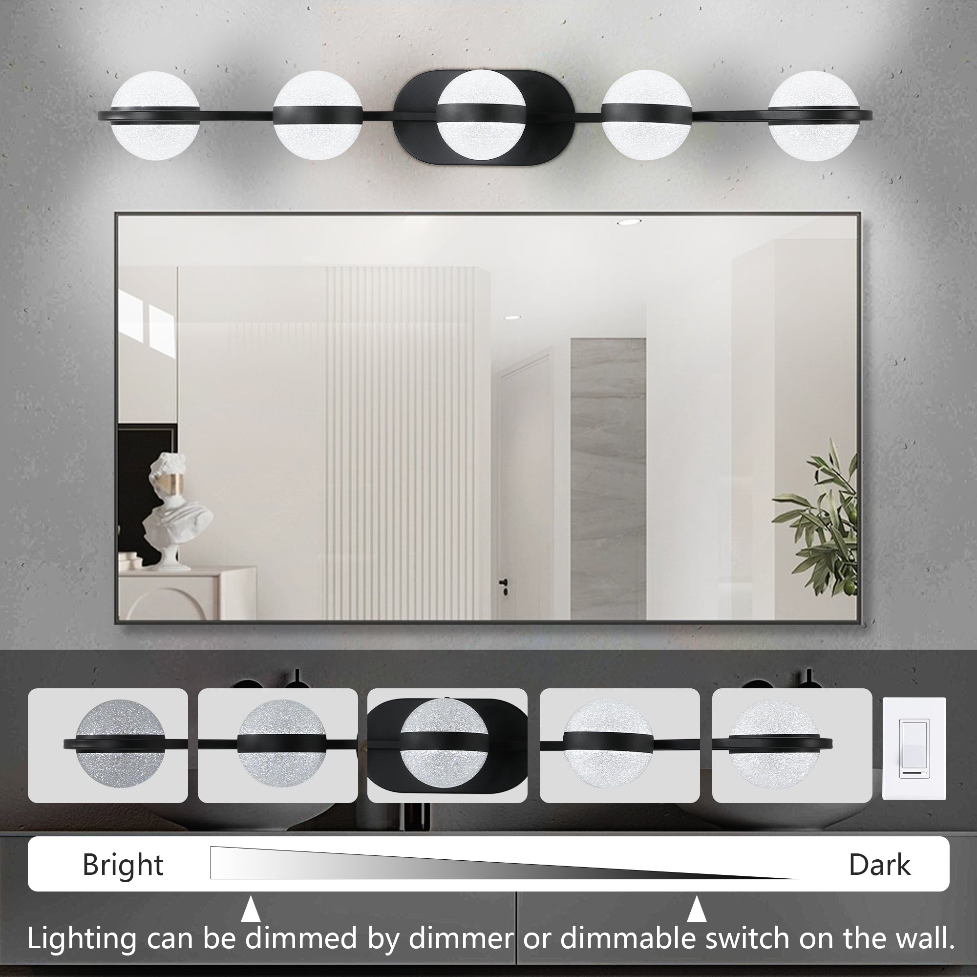 35" Modern LED Bathroom Vanity Light – 5 Bulb Wall Mount Fixture with Crystal Sand Acrylic Shades, Black Finish (W1340P206793