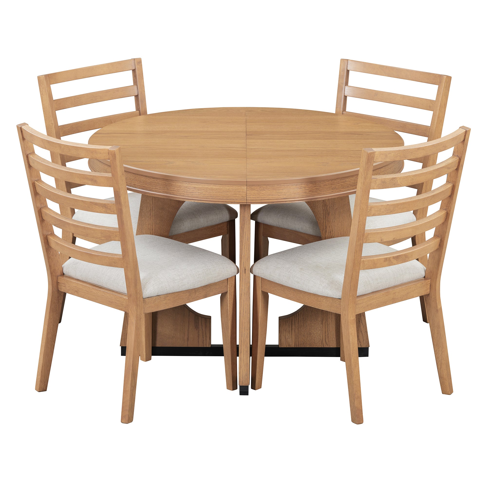TREXM 5-Piece Retro Rustic Functional Dining Set – 1 Extendable Table with 16-Inch Leaf and 4 Upholstered Chairs, Unique Geometric Design, Ideal for Dining Room and Kitchen (Natural)