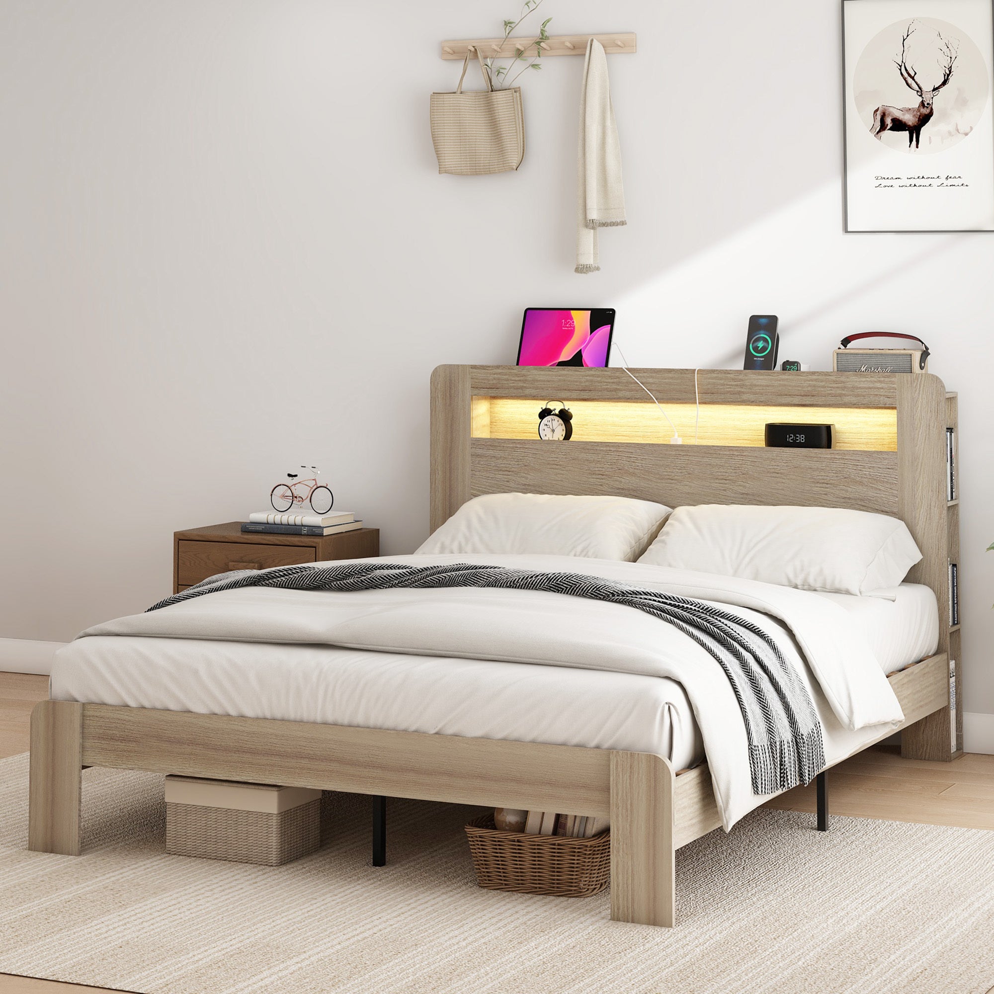  Queen Size Bed Frame with LED Headboard, USB & Storage | Dark Gray Wood Platform