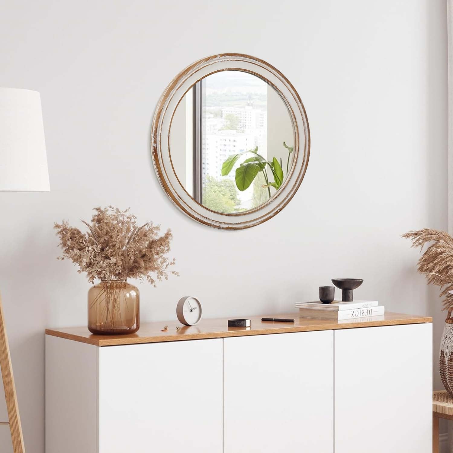  23.62" Round Wall Mirror for Bathroom Vanity, Wooden Farmhouse Circle Mirror with Whitewash Edge – Decorative Mirror for Bedroom, Entryway, Living Room, Kitchen & Office