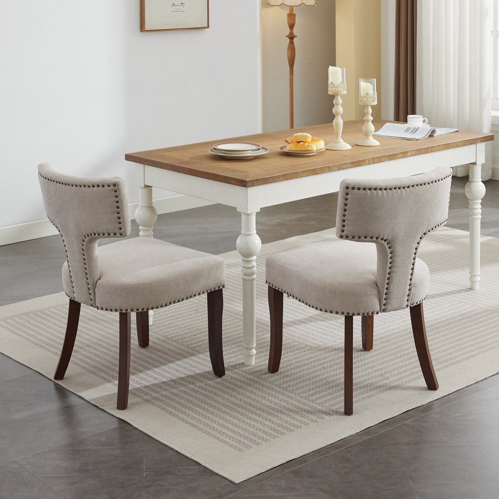 Mid Century Modern Dining Chairs Set of 2, Farmhouse Linen Fabric Upholstered Accent Chair Curved Backrest with Copper Nails around,Kitchen Chairs with Hardwood Frame, Beige