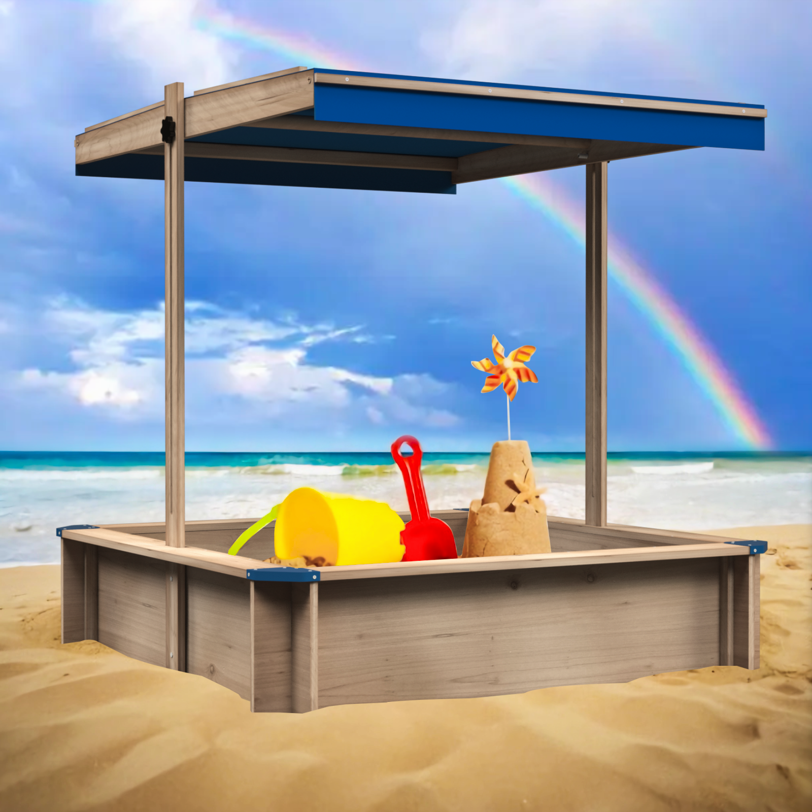Children's Wooden Sandbox with Adjustable Retractable Canopy – Sand Pit with Cover for Garden, Beach, Patio, Outdoor Backyard Playset – Natural Wood