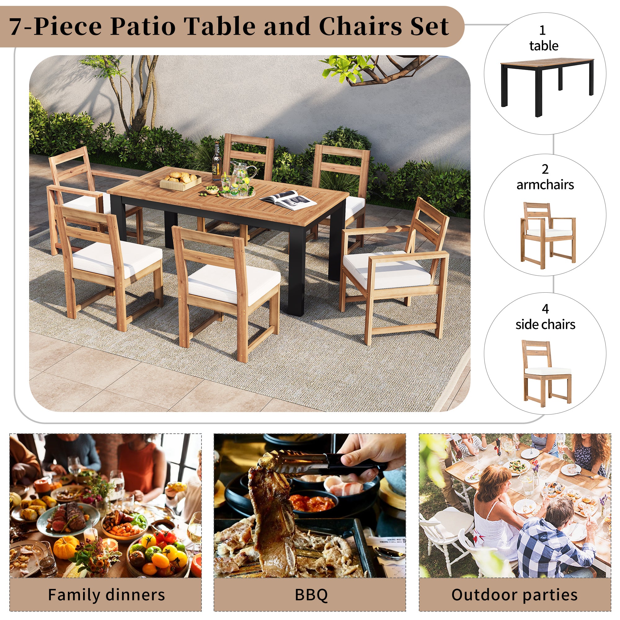 TREXM 7-Piece Patio Dining Set – Wood Outdoor Table with Umbrella Hole, 2 Armchairs & 4 Side Chairs, Garden Furniture (Light Teak + Beige)
