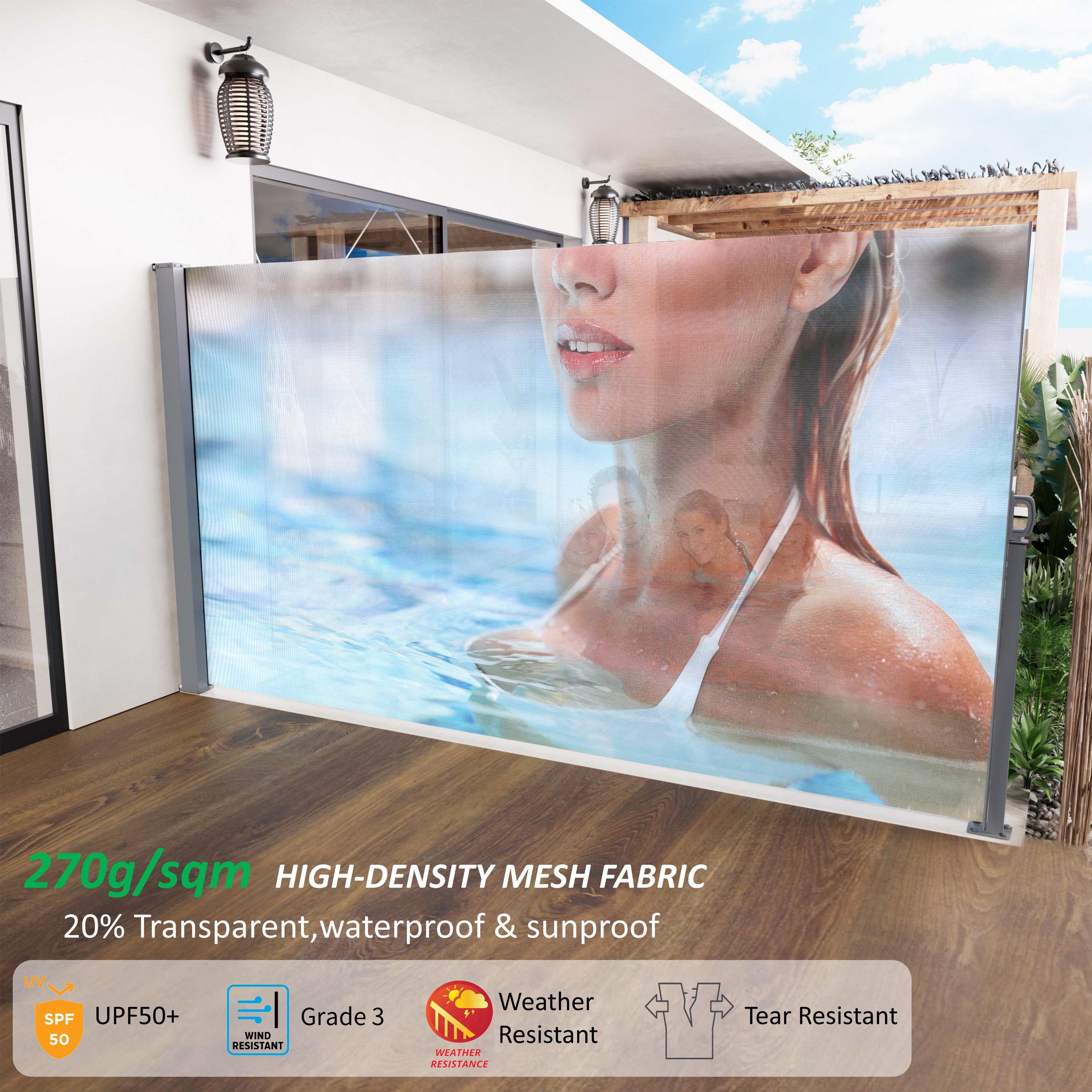 71'x138' Retractable Side Awning, Semi-transparent with UV printing,UPF50+, Ideal for blocking dust,sunshine and wind, Creating private space for garden,balcony and swimming pool.