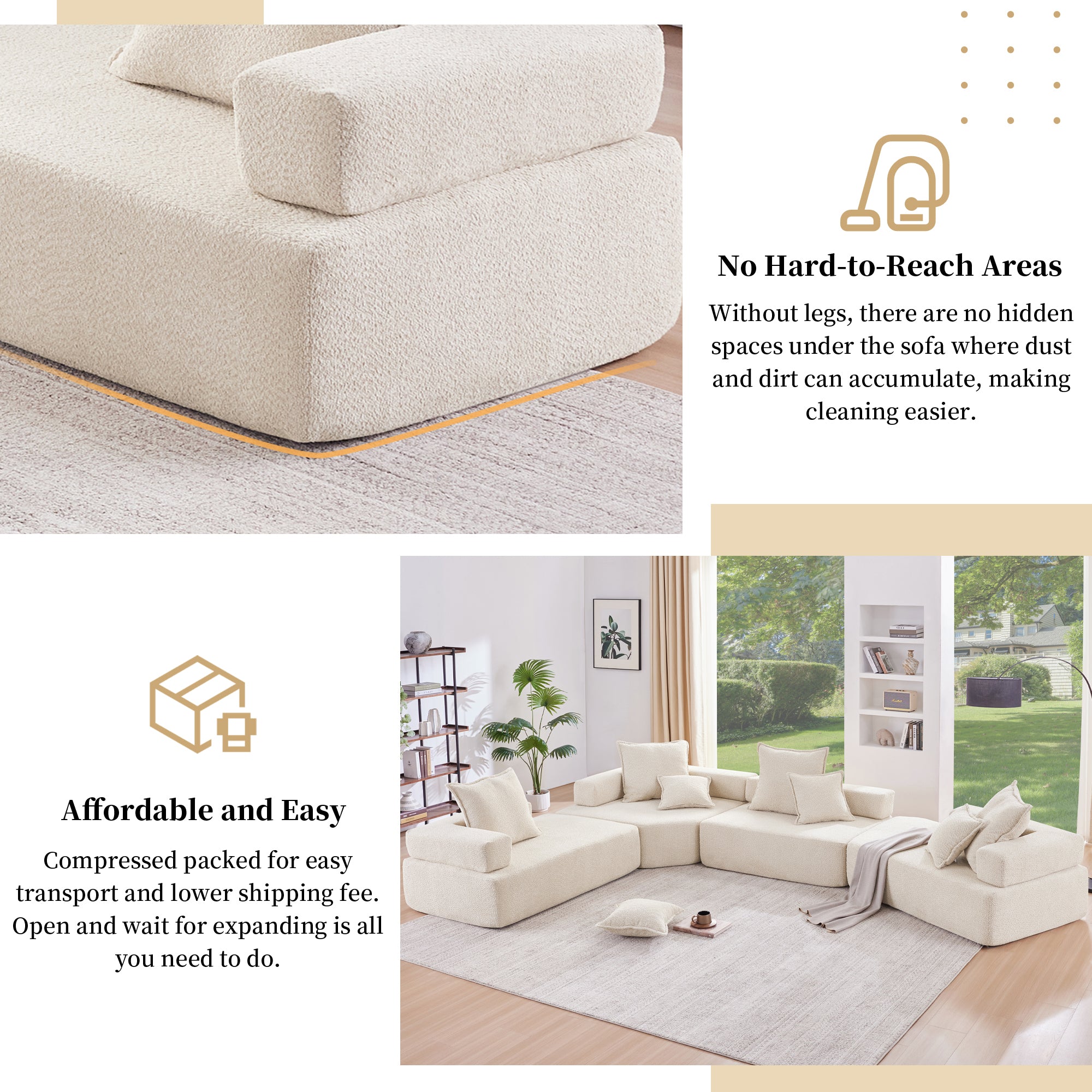 [VIDEO provided] Lounge Frame for Oversized Modular U Shaped Sectional Sofa,Luxury Boucle Floor Couch,Convertible Compressed Couch,Spacious Foam-Filled Sofa for Living Room,2 Colors