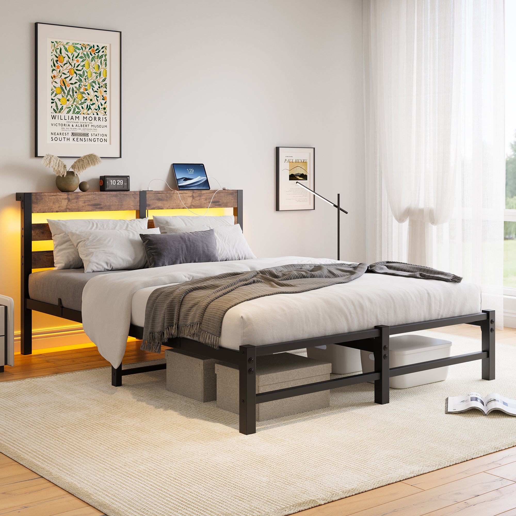  Queen Metal Bed Frame - RGB Headboard, Charger, Storage, Rustic Brown