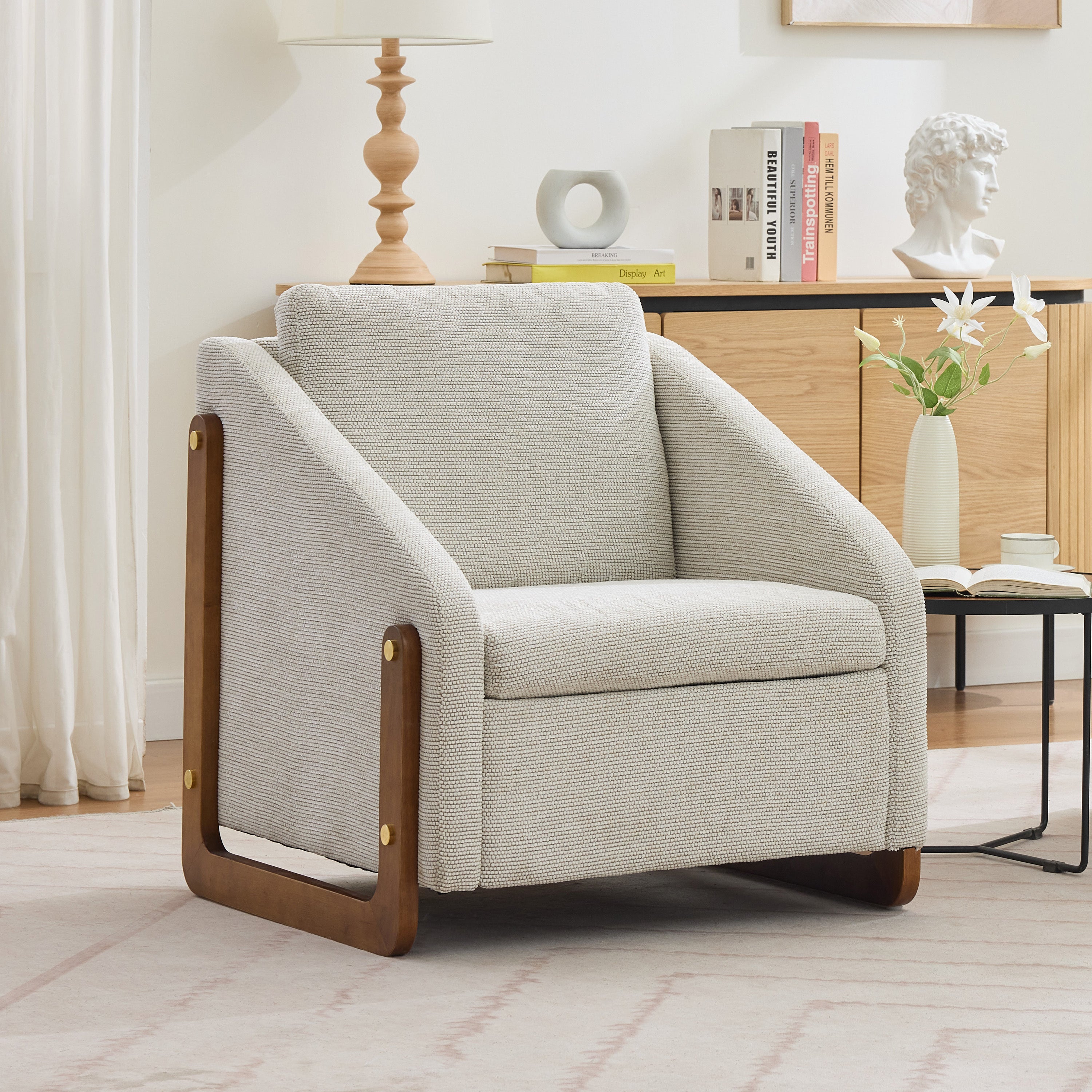 057-Set of 1 Chenille Fabric Modern Upholstered Armchair with Wooden Side Frame , Accent Leisure Chair with Cushioned Seat and Backrest for Living Room, Bedroom,Beige