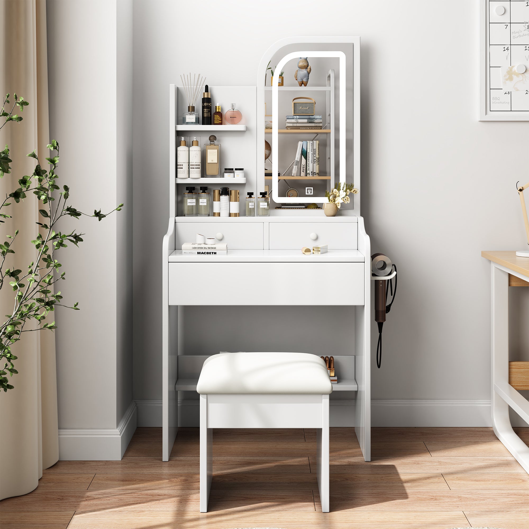 Fashion Vanity Desk with Mirror and Lights for Makeup, Hair Dryer Holder and Chair, Adjustable Lighting, White MDF