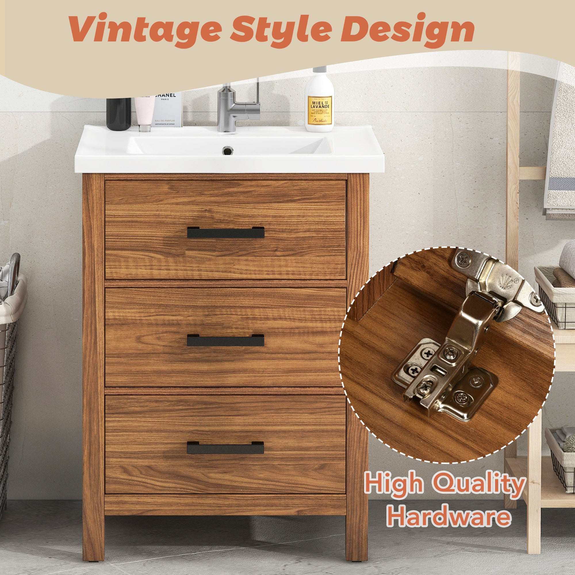 24'' Modern Bathroom Vanity with Ceramic Sink | Freestanding Cabinet with 3 Drawers (SW000108AAP)