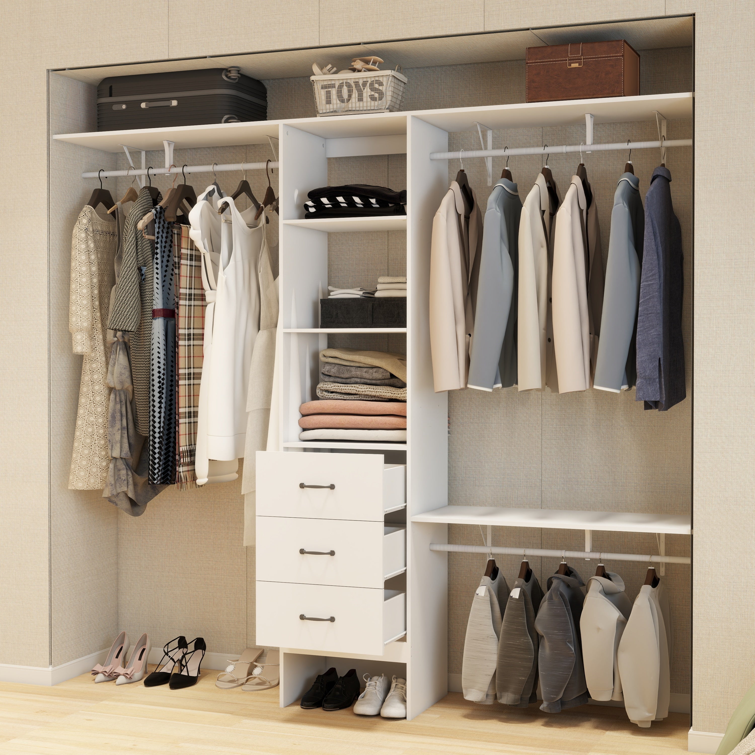 96 Inches Closet System, 8FT Walk In Closet Organizer with 3 Adjustable Shelves & 3 Expandable Hanger Rods & 3 Drawers, Built-In Garment Rack, 96"L x 16"W x 82"H, Load 1000 LBS-White