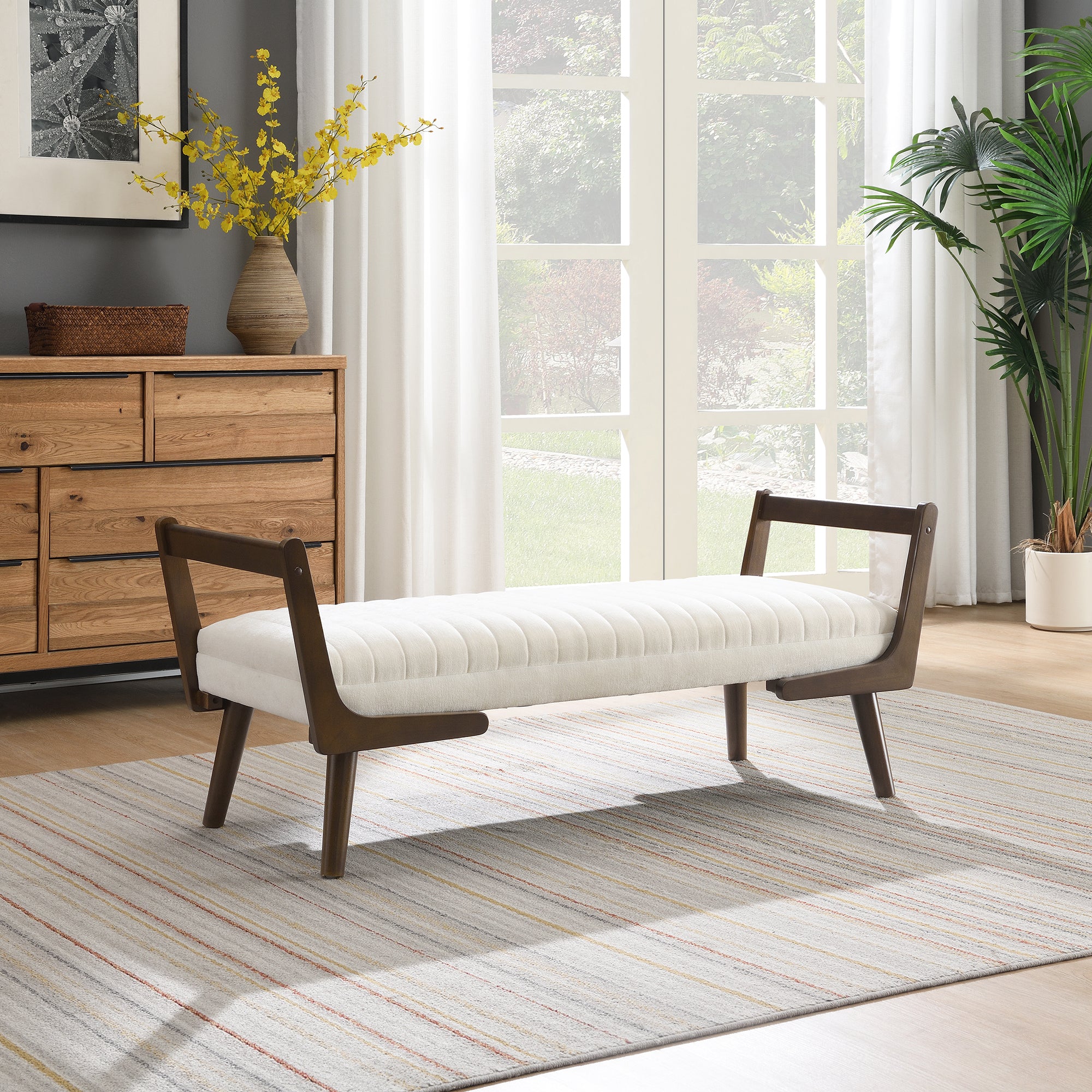 52' Mid Century Bench with Walnut Wood Leg,Channeled Upholstered Footrest Stool for Kitchen, Living Room, Bedroom, Entryway, End of Bed. Chenille Fabric Beige