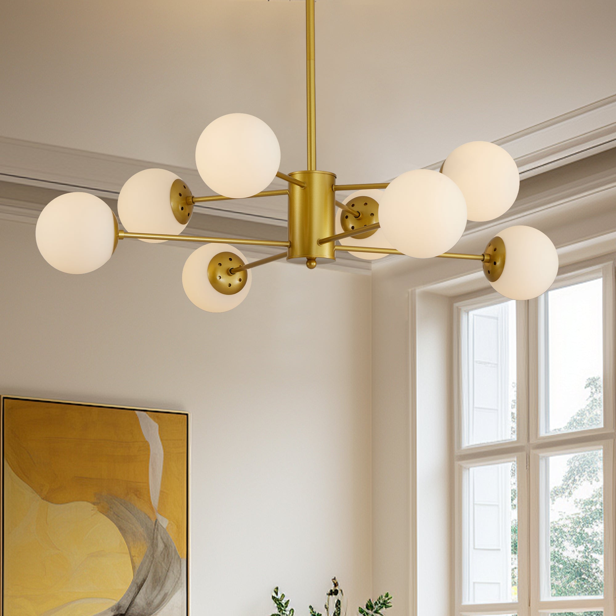 35' Modern 8-Light Gold Chandelier with White Glass Globe Shades, Mid-Century Branching Design, Elegant Ceiling Light Fixture for Dining Room, Living Room, or Bedroom (No Bulbs)
