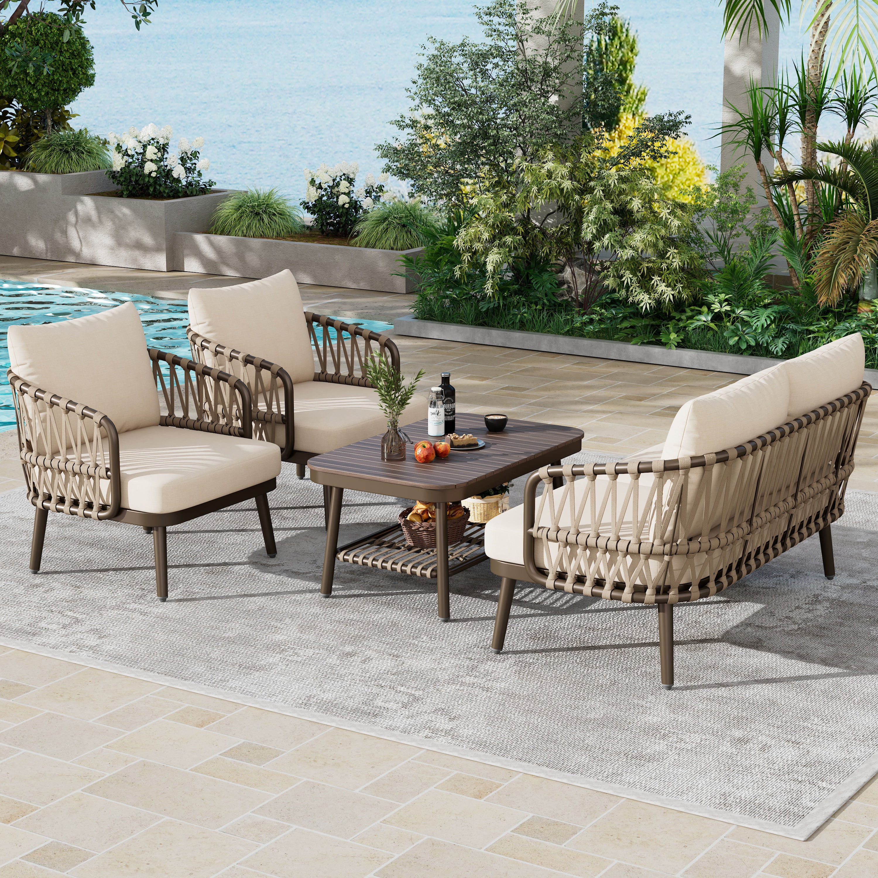 4-Piece Outdoor Patio Furniture Set – Metal Chairs with Woven Rope U-Shaped Backrest & Coffee Table | Brown & Beige Conversation Set for Garden, Poolside, Balcony