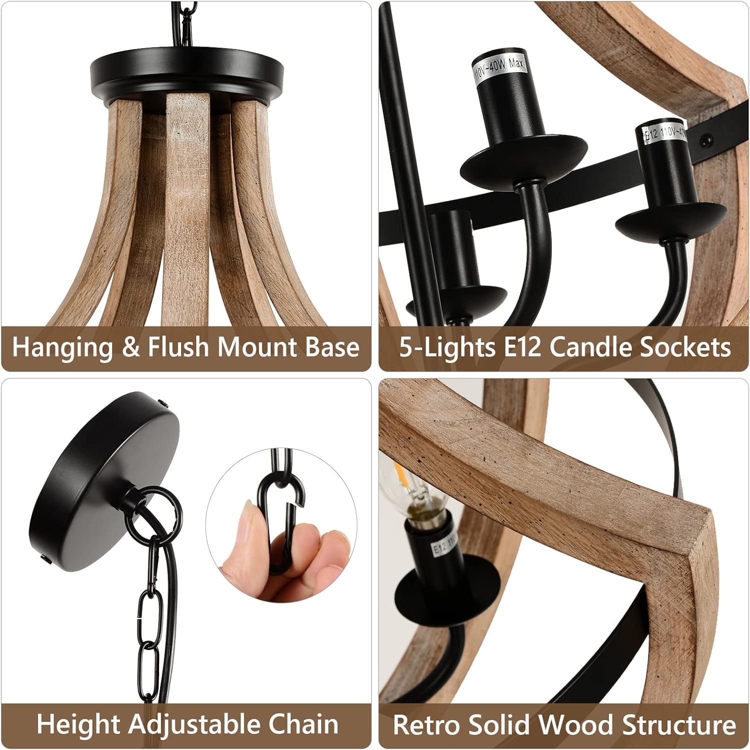 19" Farmhouse Chandelier Light Fixture, 5-Light Dining Room Ceiling Light, Solid Wood Modern Pendant for Kitchen Island, Living Room, Bedroom, Foyer, Adjustable Height, Brown