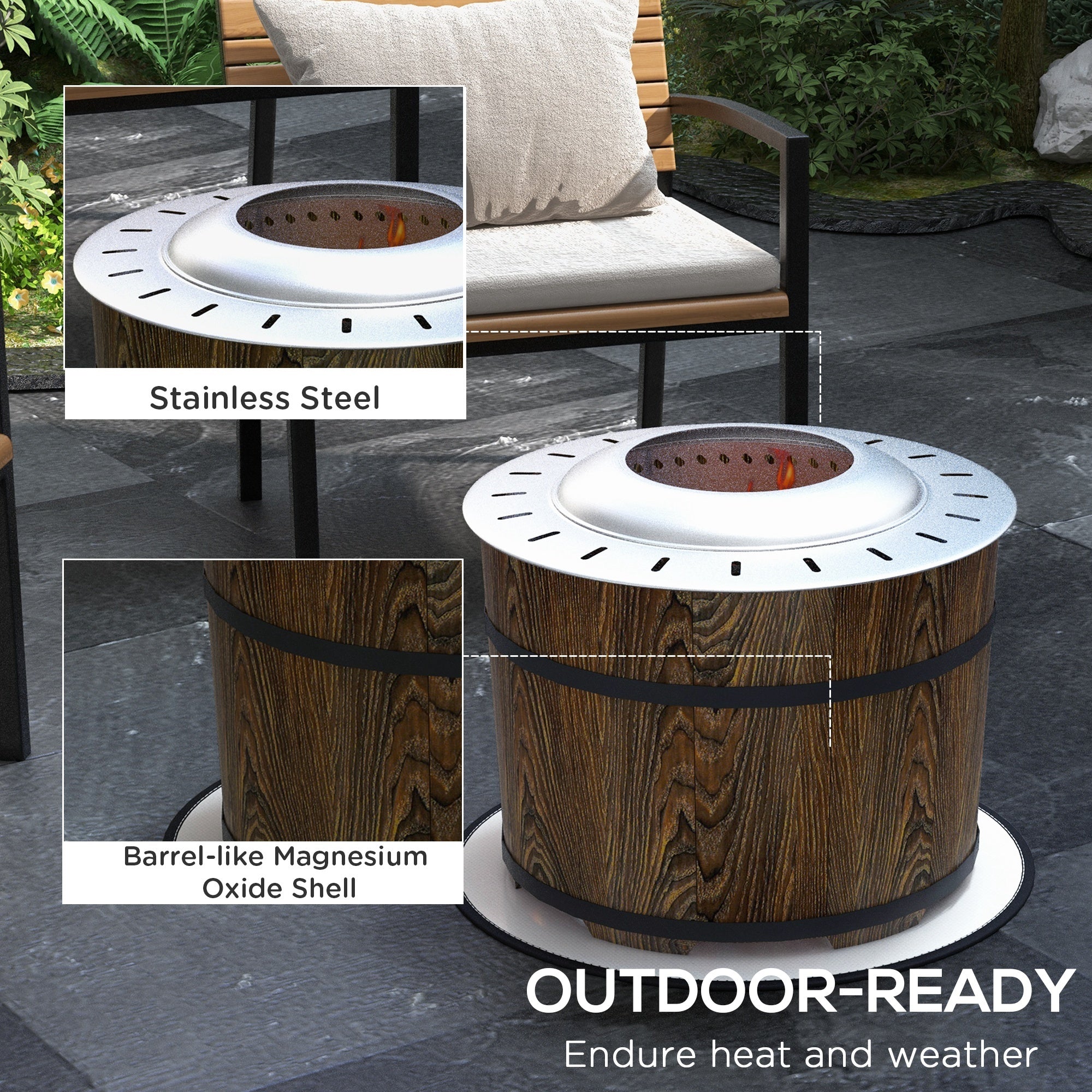Outsunny Smokeless Fire Pit with Fireproof Mat, 20' Barrel Style Portable Wood Burning Firepit, Magnesium Oxide Low Smoke Camping Bonfire Stove for Backyard, Patio, Picnic, Brown