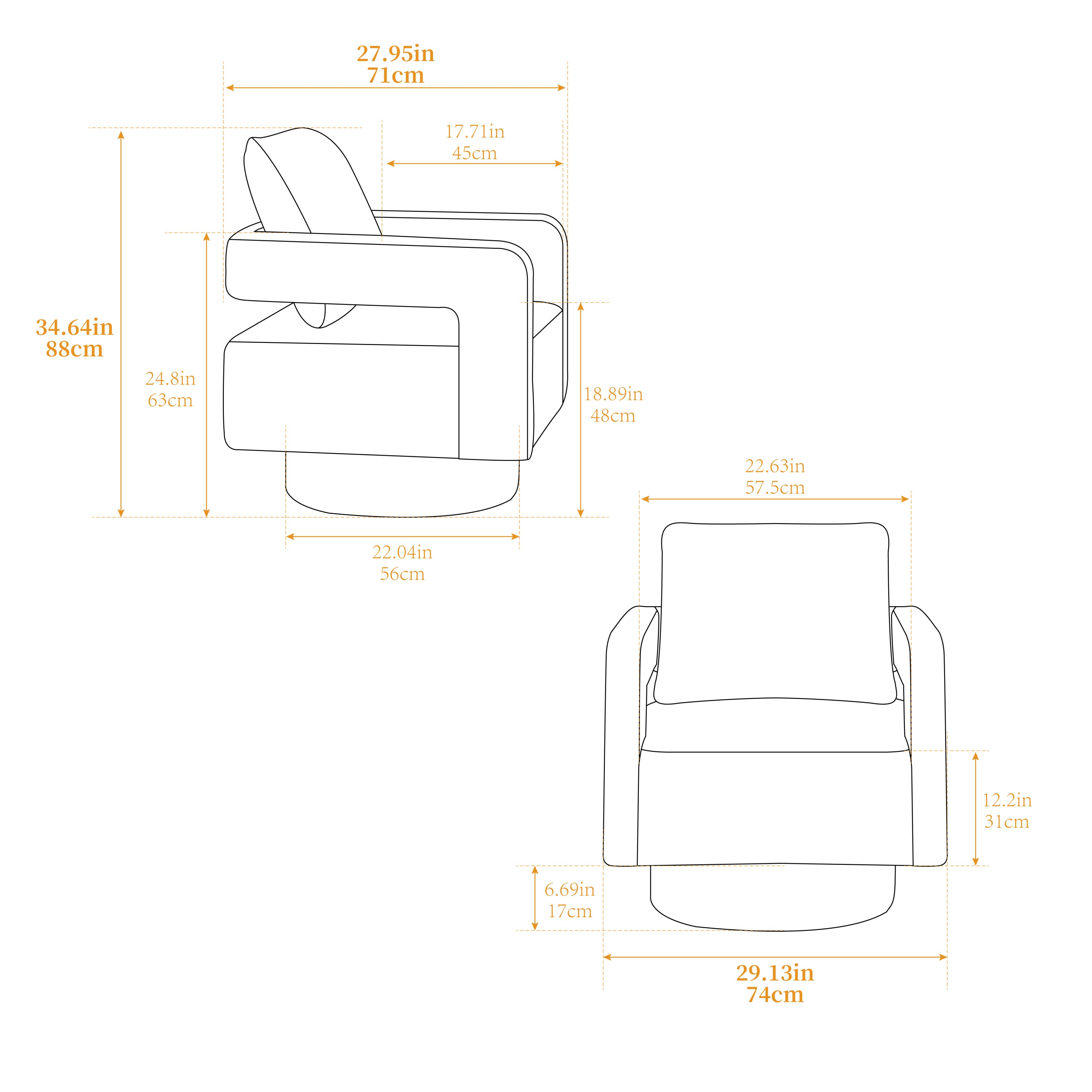 29.13" W Square Swivel Accent Chair, Modern Rotating Arm Chair with Open Back,360 Degree Rotation, Lounge Club Chair with Removable Back Cushion for Living Room, Hotel, Bed Room,Caramel
