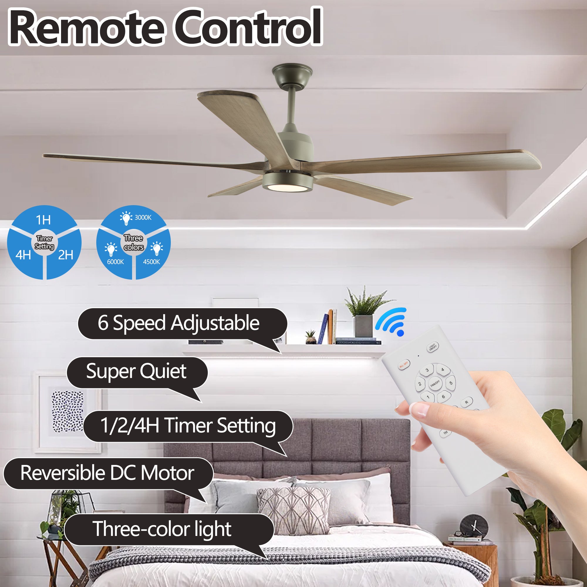 60' Modern Wood Ceiling Fan with Light and Remote Control,6-Speed Noiseless Reversible DC Motor, Ceiling Fan for Kitchen Dinning Living Room