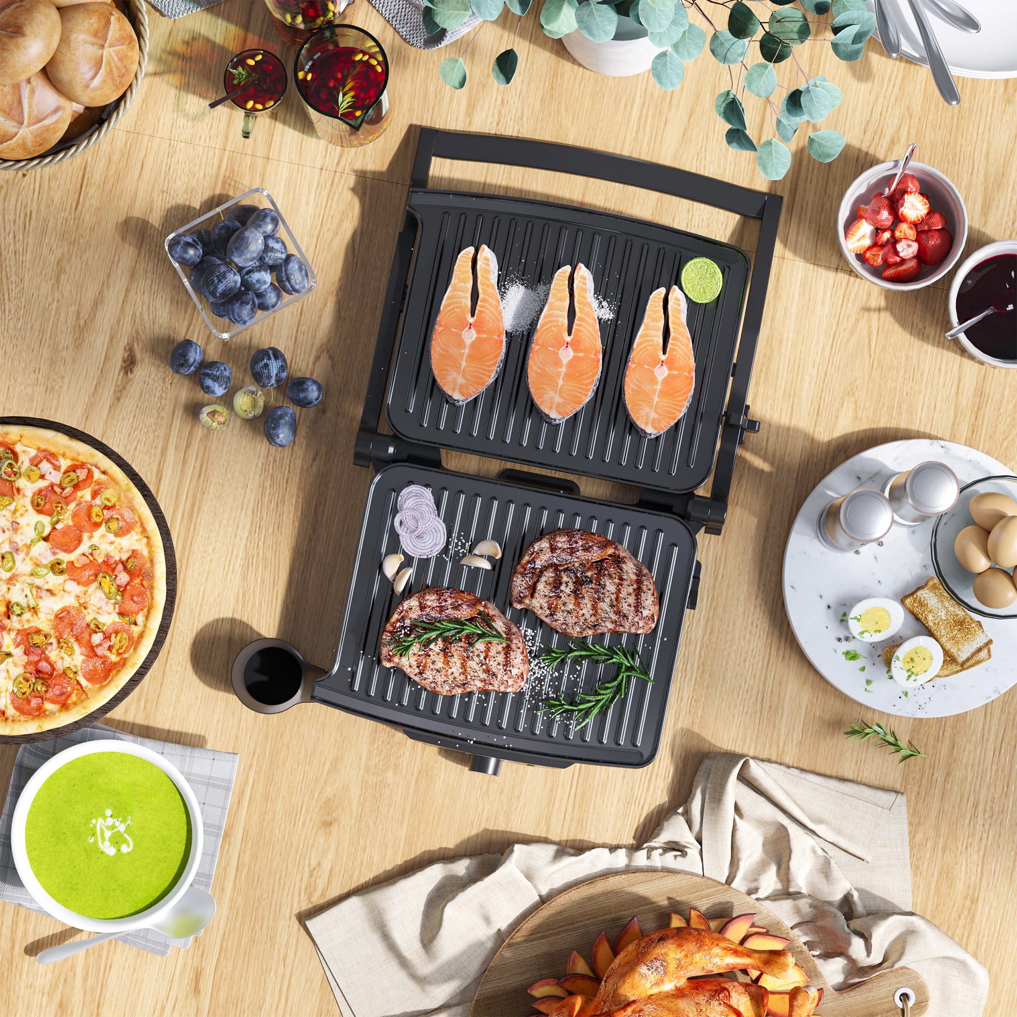 4-Slice Panini Press Grill - 180° Open, Non-Stick Plates