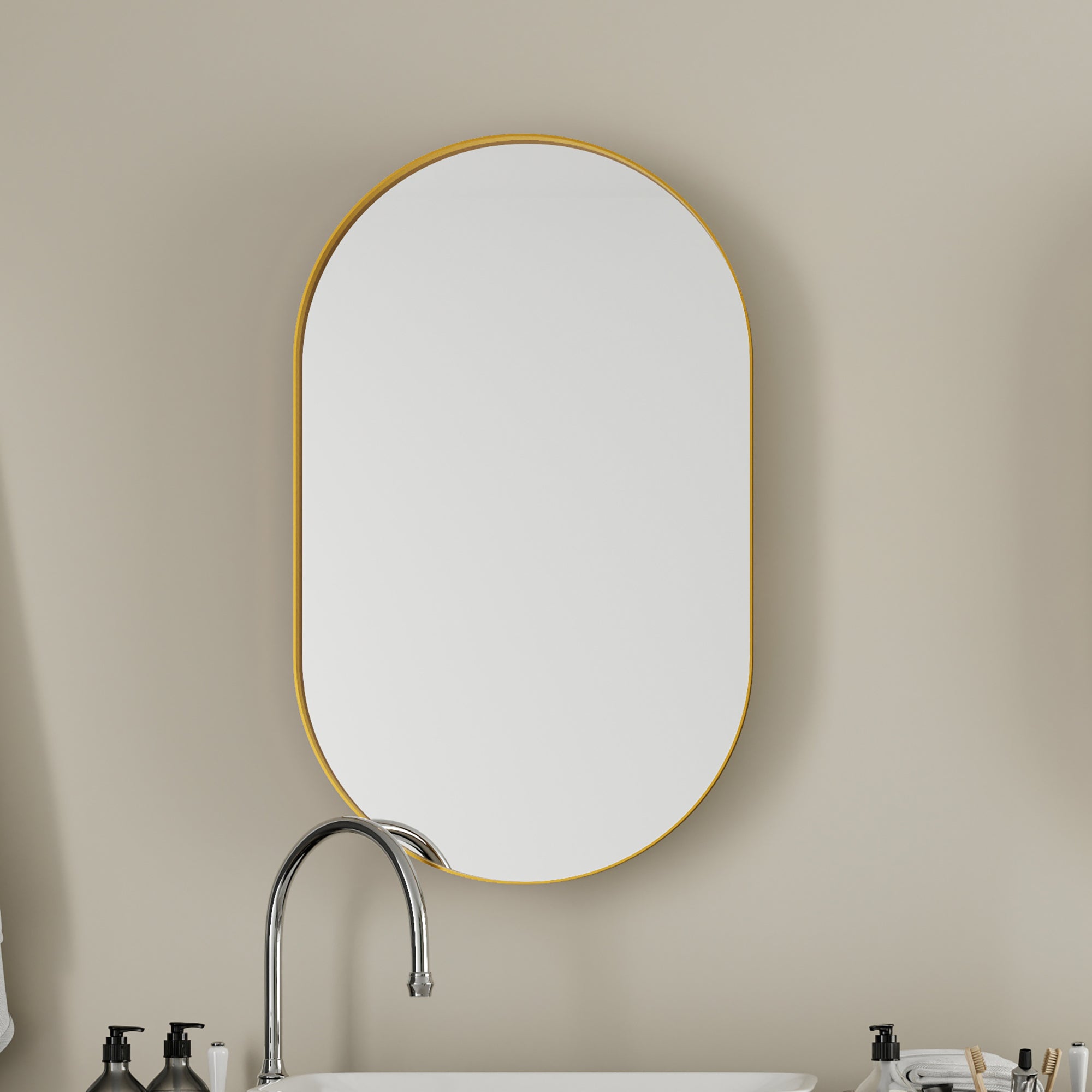 20x34" Oval Recessed Medicine Cabinet, Metal Framed Bathroom Wall Cabinet with Mirror, Adjustable Shelves, Matte Gold Wall Mirror with Storage for Bathroom