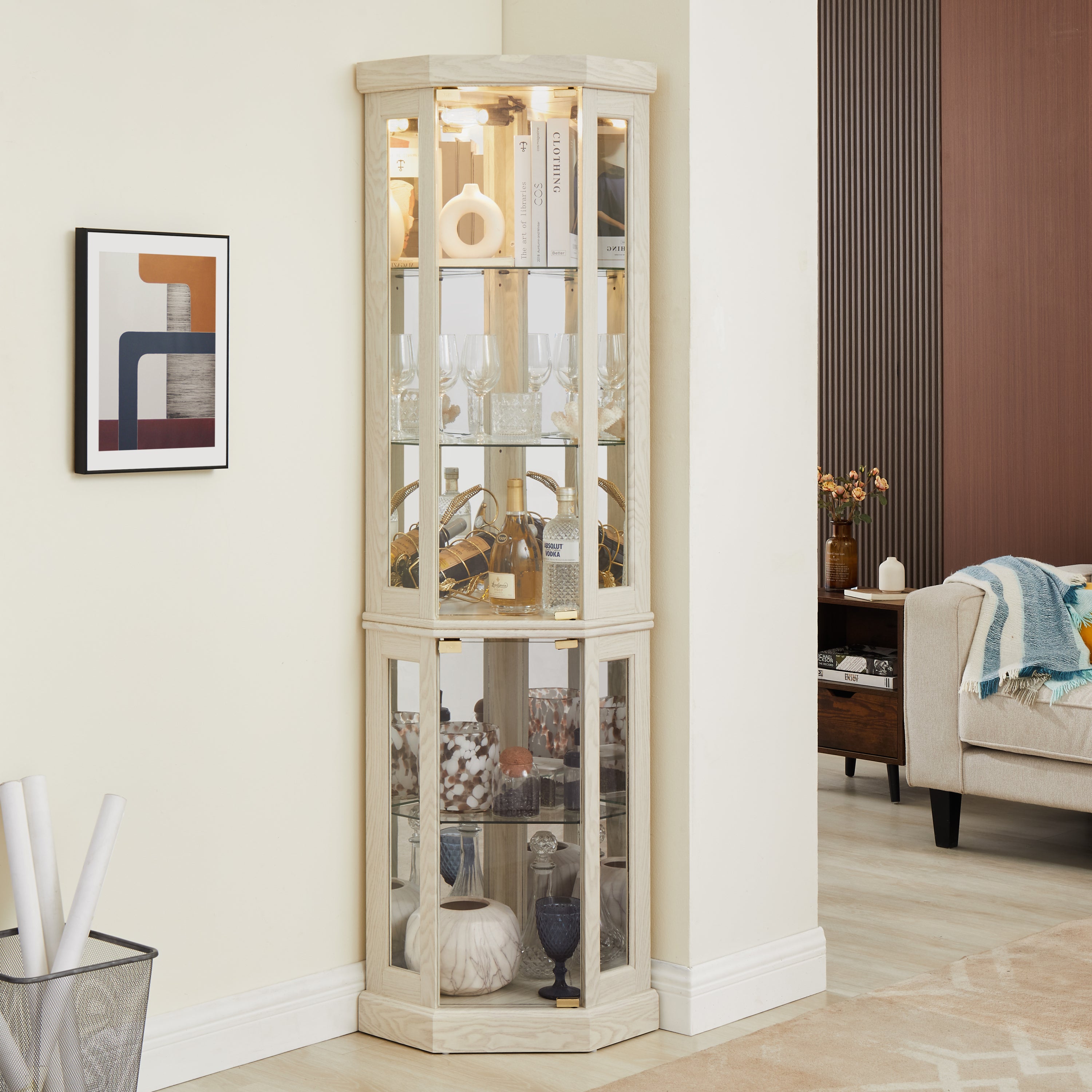 Corner Glass Cabinet Lighted Curio Cabinet – Corner Display Case for Living Room, Antique Collection, Wine, Bar Glass Storage with Light, Antique White