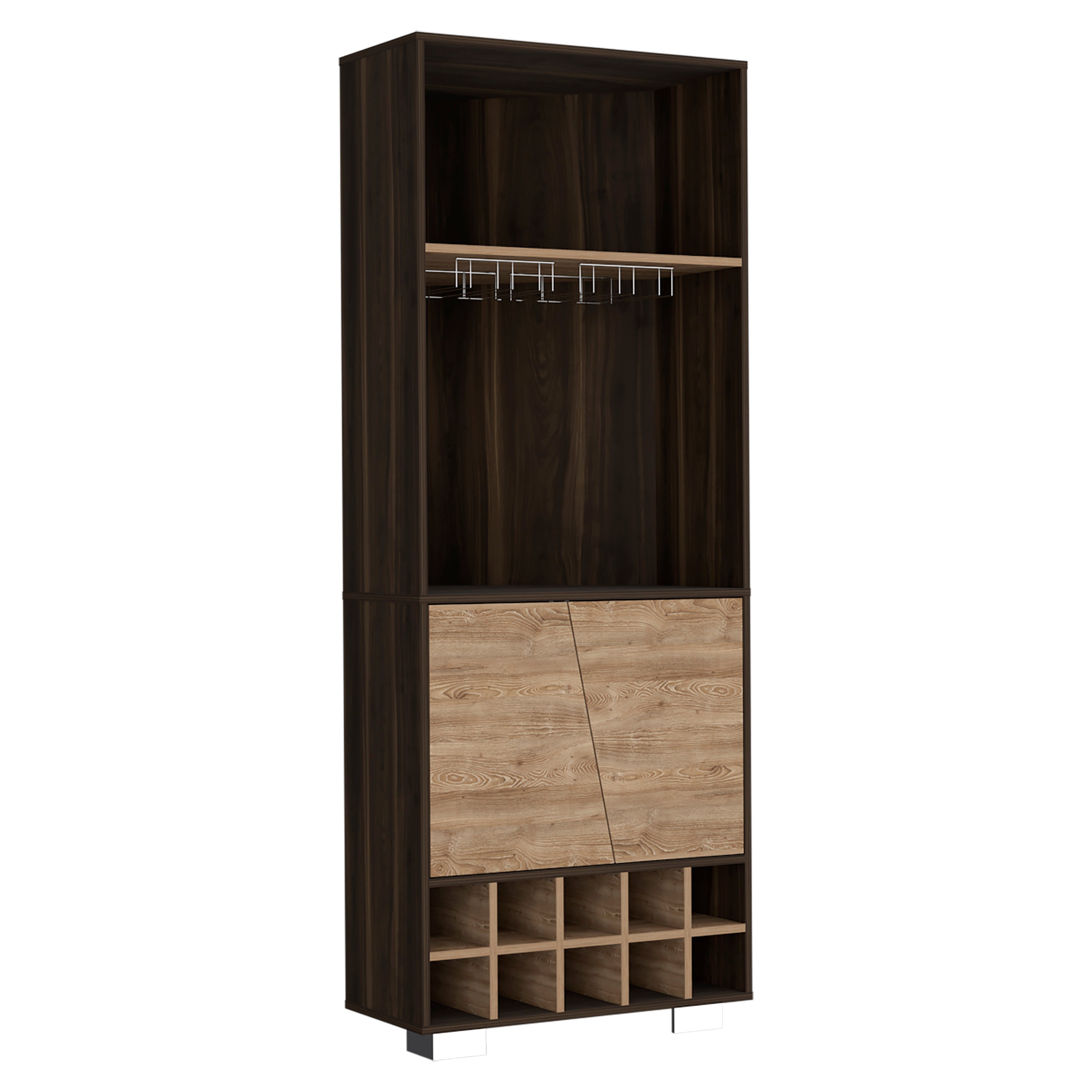 Fraktal Corner Bar Cabinet, Ten Built-in Wine Rack, Two Shelves, Double Door Dark Oak / Pine
