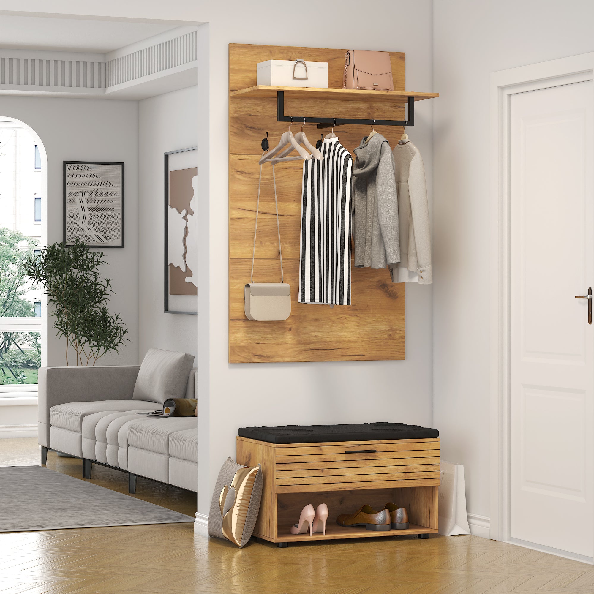 Modern Hallway Shoe Cabinet with 3 Hooks and Coat Hanger for Entryway Storage, Stylish Coat Rack Organizer