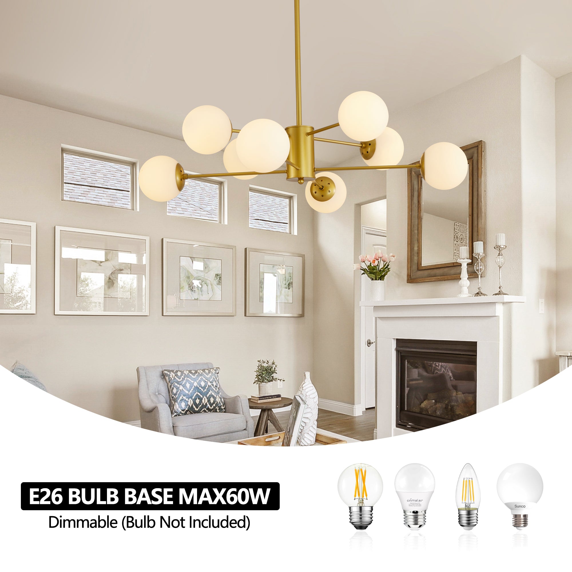35' Modern 8-Light Gold Chandelier with White Glass Globe Shades, Mid-Century Branching Design, Elegant Ceiling Light Fixture for Dining Room, Living Room, or Bedroom (No Bulbs)