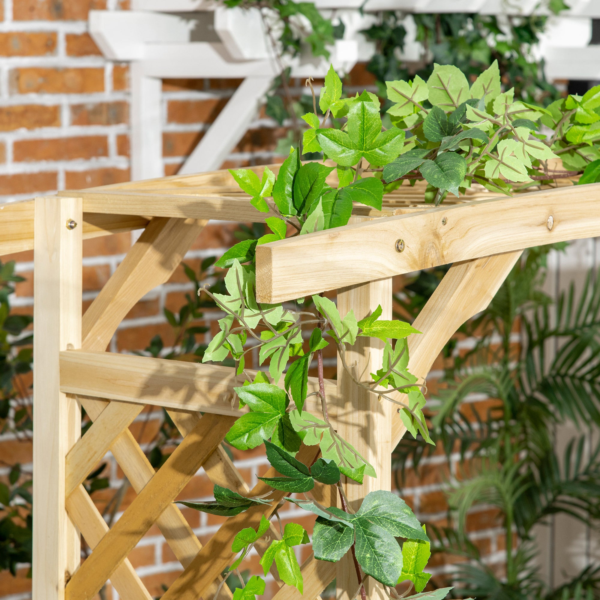 Outsunny Patio Garden Bench Arbor Arch with Pergola and 2 Trellises – 3-Seat Natural Wooden Outdoor Bench for Climbing Plants and Backyard Décor