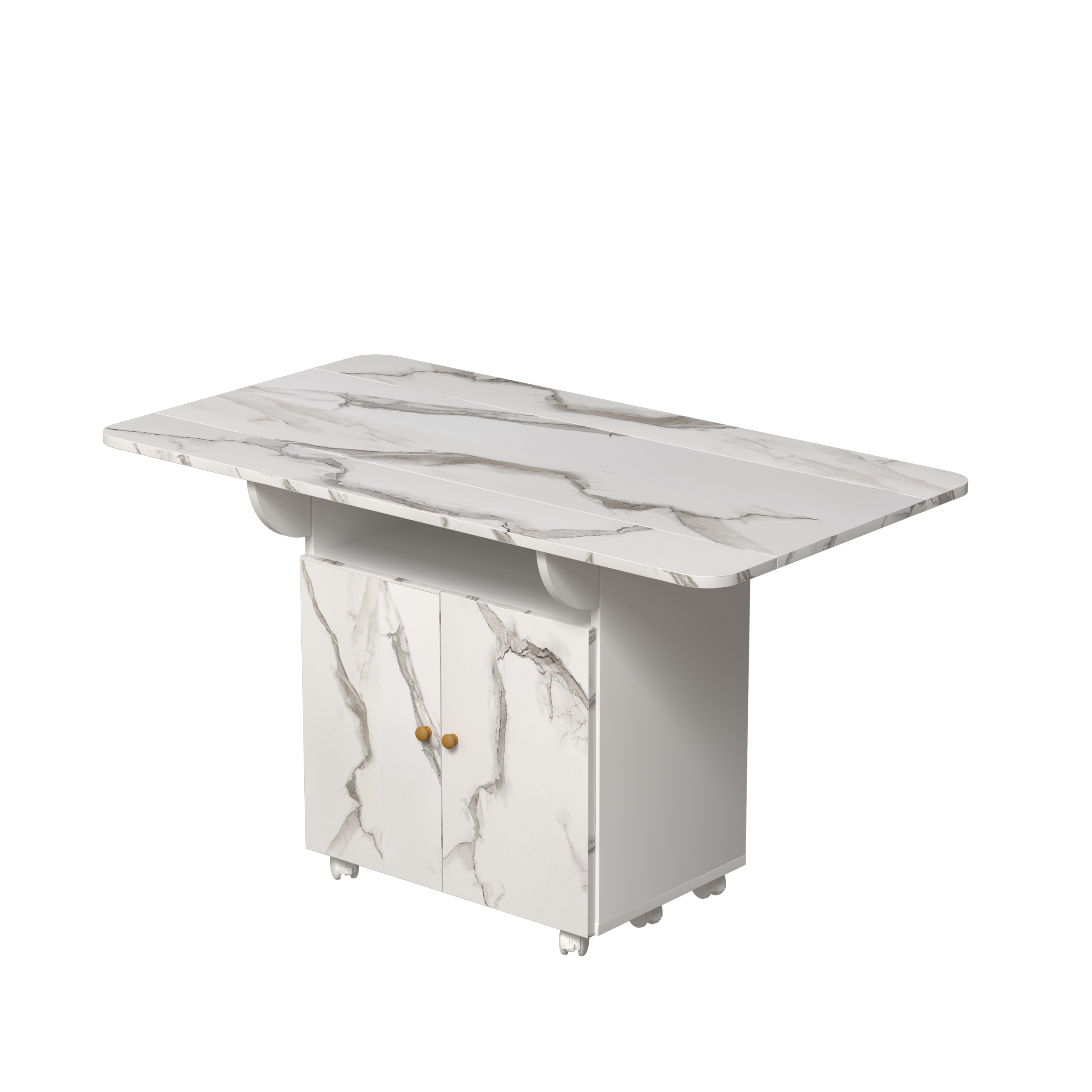 47" Wood Folding Dining Table with Storage Rack and Cabinet, Removable Entryway Table on 6 Wheels, White Marble Kitchen Island, Side and Coffee Table, Space-Saving Versatile Design
